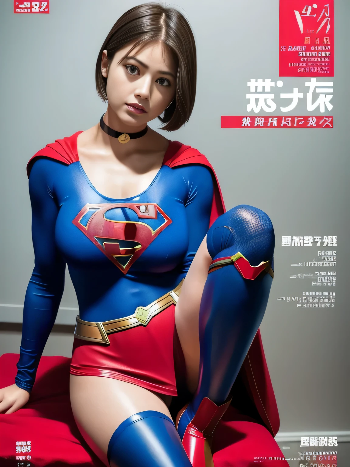 masterpiece、supergirl costume、short hair、enamel boots、big and full breasts、Crisis situation、sit on a chair、model body shape、shiny、long sleeve、looking at camera、choker、red mini skirt、Weekly magazine cover、gravure magazine、sweaty、whole body、from right in front、High leg、Seduce、