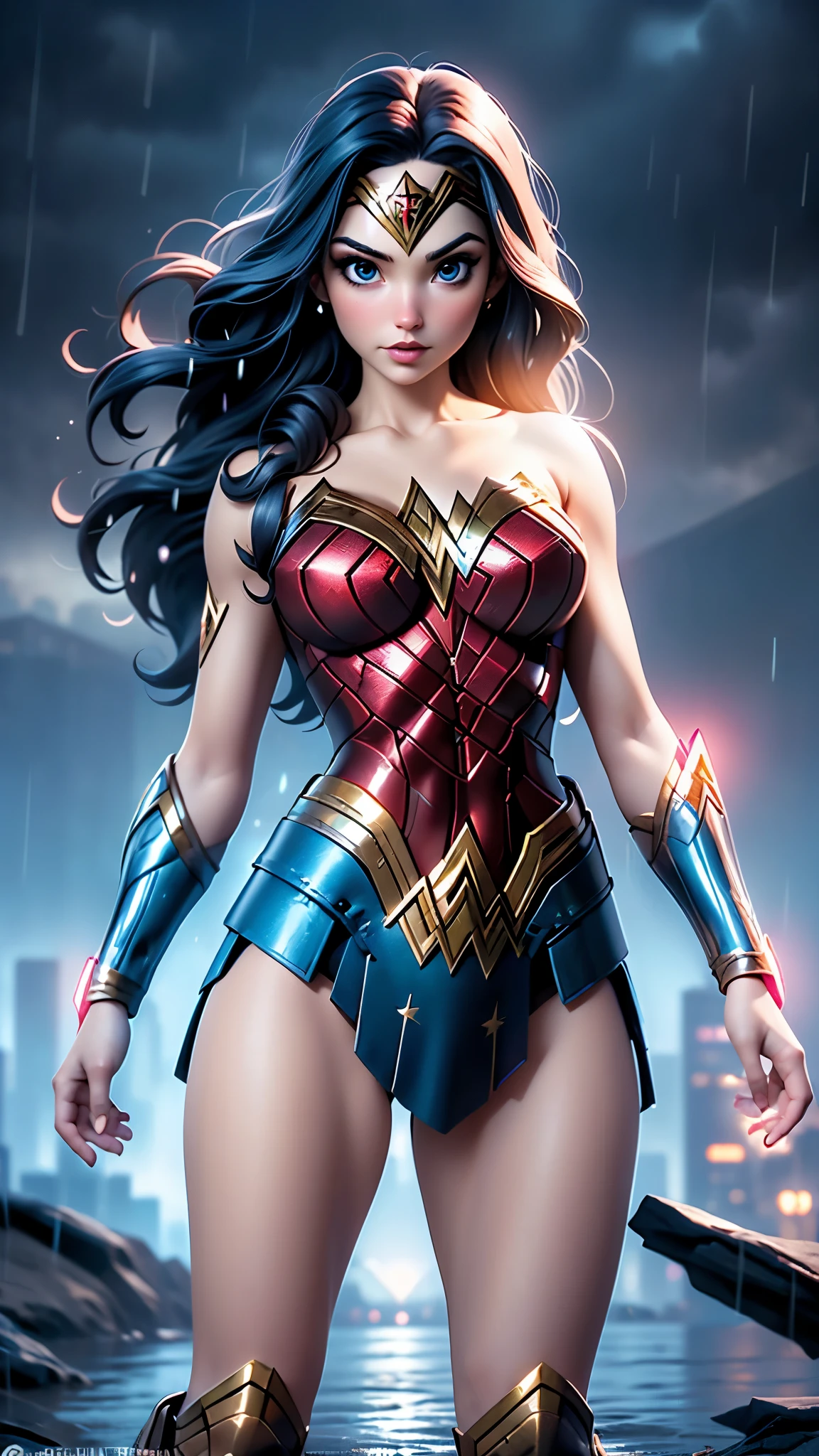 (La mejor calidad,The high resolution,Ultra - detallado,actual),Ariana Grande es la wonder woman , (fondo nublado lluvia ciudad futurista ciberpunk :1.4), (mujer maravilla v2.1), More detailed 8K.motor irreal:1.4,HD,La mejor calidad:1.4, fotorrealista:1.4, textura de la piel:1.4, obra maestra:1.8,obra maestra, mejor calidad,objeto Objeto], (rasgos faciales detallados:1.3),(Las proporciones correctas),(Ojos hermosos azules:1.4 ),  (pose vaquero), (wonder woman ciberpunk :1.4), (dedos detailed), (fondo invasion alienigena naves :1.4), (solo), (miniskirt transparente plastic ), (cayendo lluvia :1.4),(pose de combate), (nube estelar:1.4), ,( ciberpunk 2.1),( estilo kawaii :1.4),( colores brillantes) 