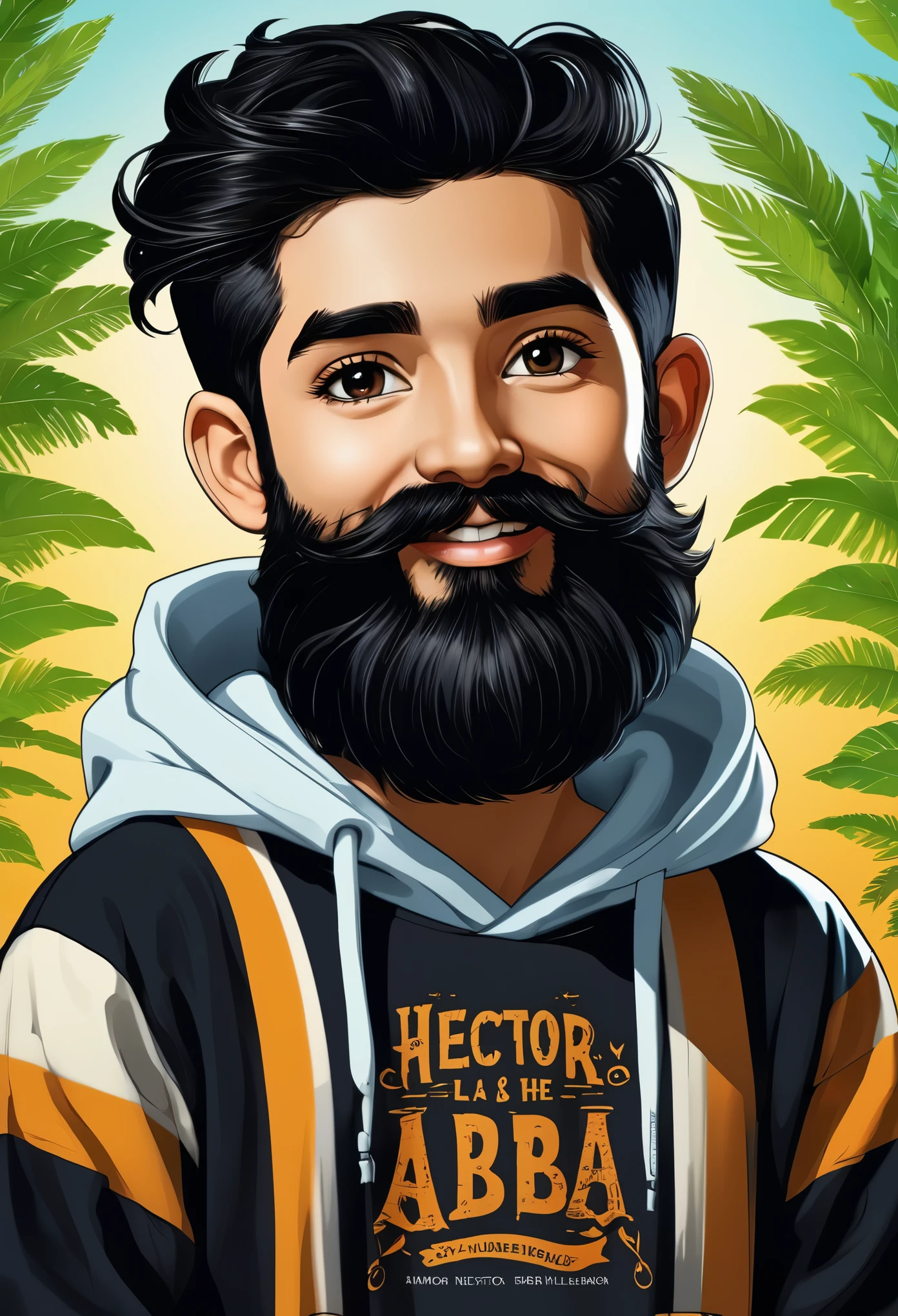 Create me a logo mascot where the boy has black hair, con barba, sudadera negra y amante de la naturaleza y abajo tenga las letras "HECTOR"