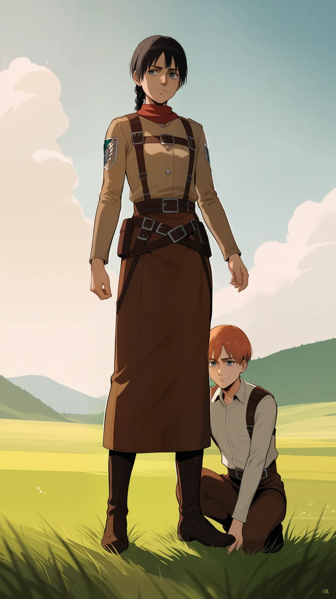 score_9, score_8_up, score_7_up, score_6_up, source_anime, BREAK by ikuchan kaoru, iku, clean color, flat color,  duo, higging, lovers, skinny, attack on titan, age difference, medieval, medievaloutfit, grassy field, standing, outdoors, field, snk, aot, BREAK, 1girl, outdoors, aged down, ???, wearing skirt, ginger pigtails, blue eyes, braided pigtails, attack on titan style, aot, snk, smug, thoughtfull, smug expression, BREAK, 1boy,brown skinned male, brown skin, brown eyes, black hair, nude, frustrated, looking at one another, brown boy, teen boy, teenage boy, dark skinned male 