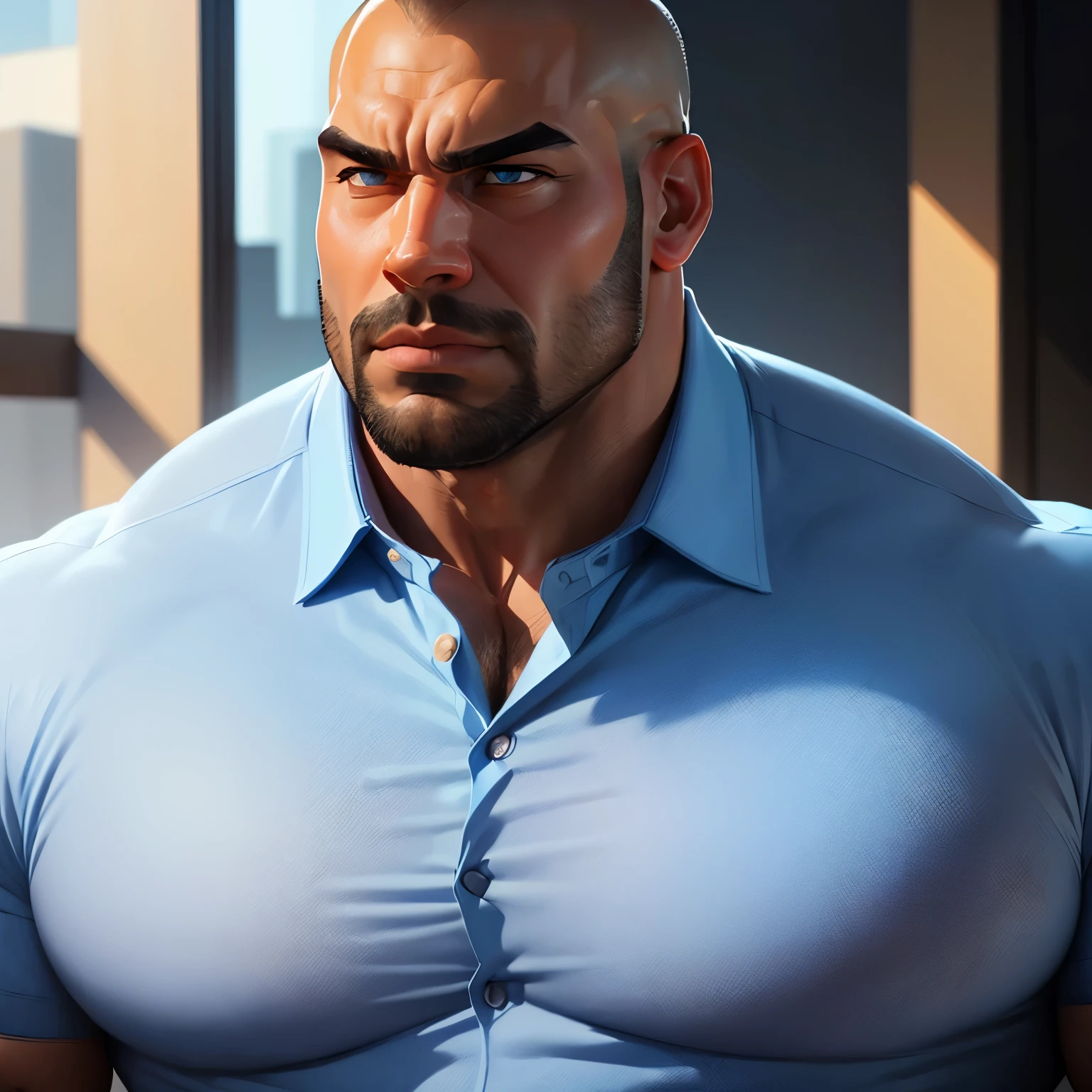 an exaggeratedly muscular and large bald bodyguard, beefy build, mixed race, (wearing blue business casual collared shirt: 1.2), (bara pecs: 1.3), (arm and chest hair: 1.1), close-up portrait HD, bright corporate office with large windows