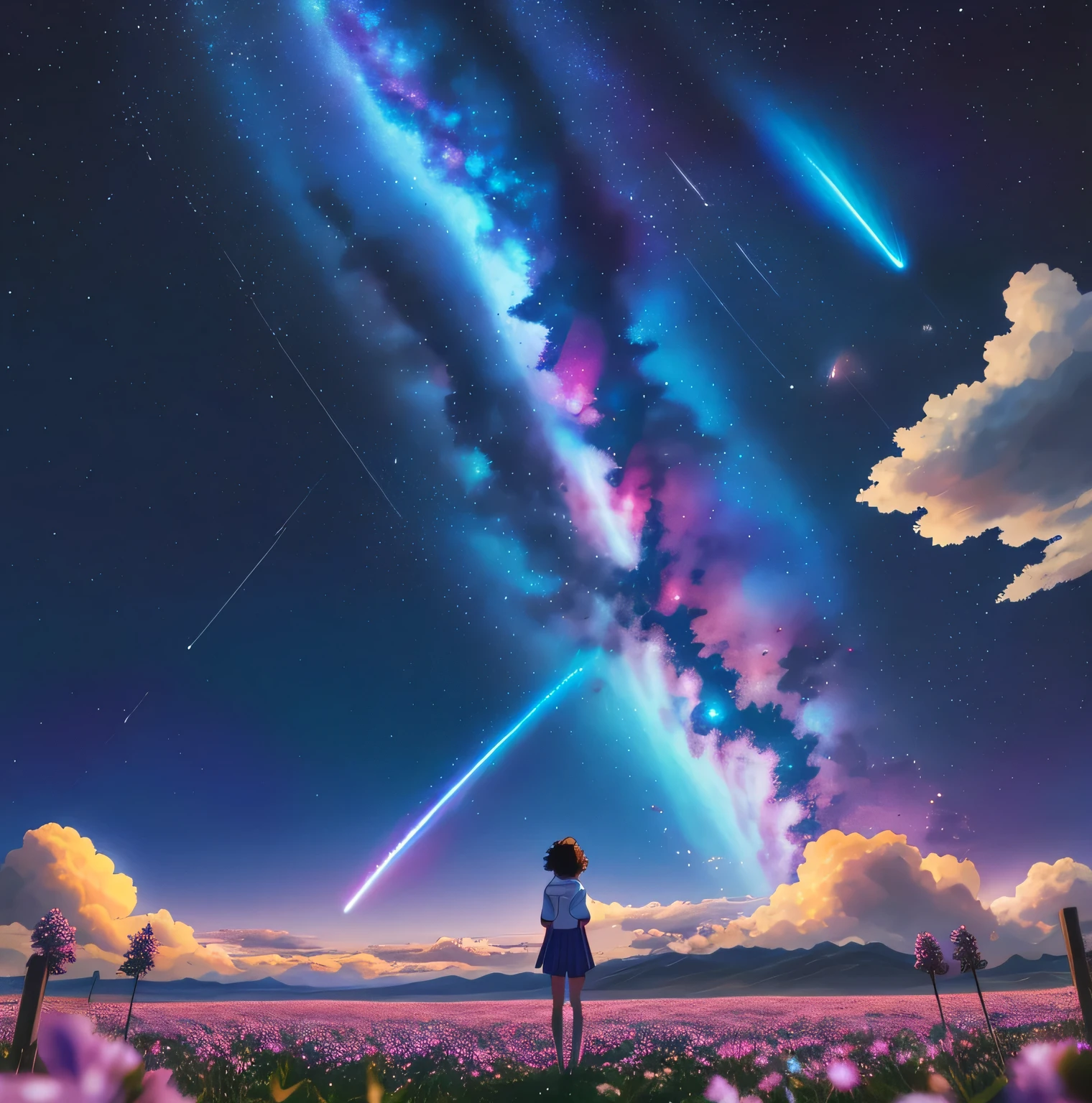 1 person、Fighting girl staring at the stars（zoomed out：1.1）、（Meteor swarm：1.2）、（comets：1.1）、yourname、moon、from the rear、Arrowlaboralis shooting star、city in distance 、cherry trees、Highest quality standing in the field、masterwork、​​clouds、colourfull、starrysky、stele