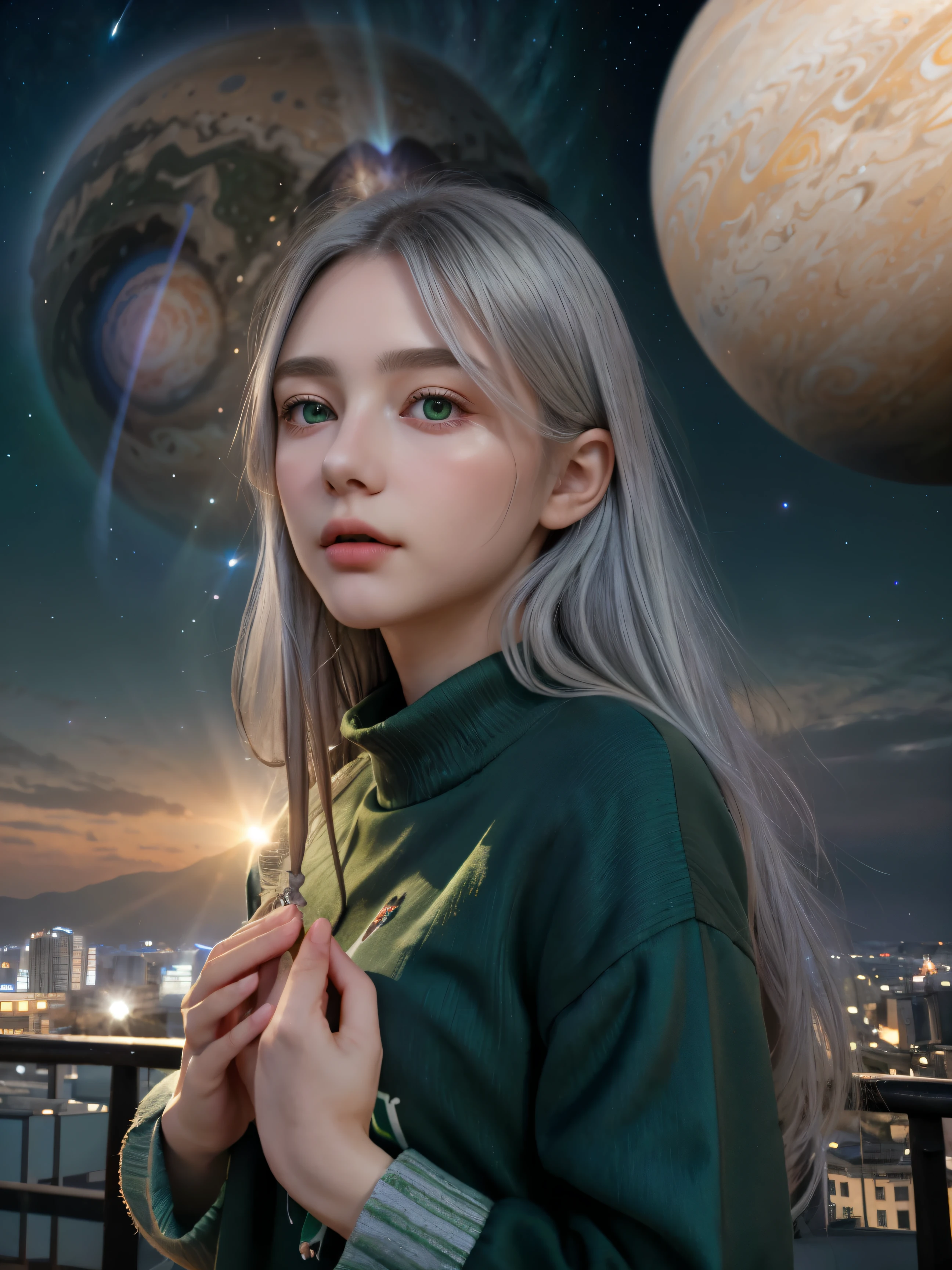 (4k), (highest quality), (best details)(surrealistic),French Beautiful Girl、silver hair、green eyes、prayer、Giant planet Jupiter floats in the sky at night