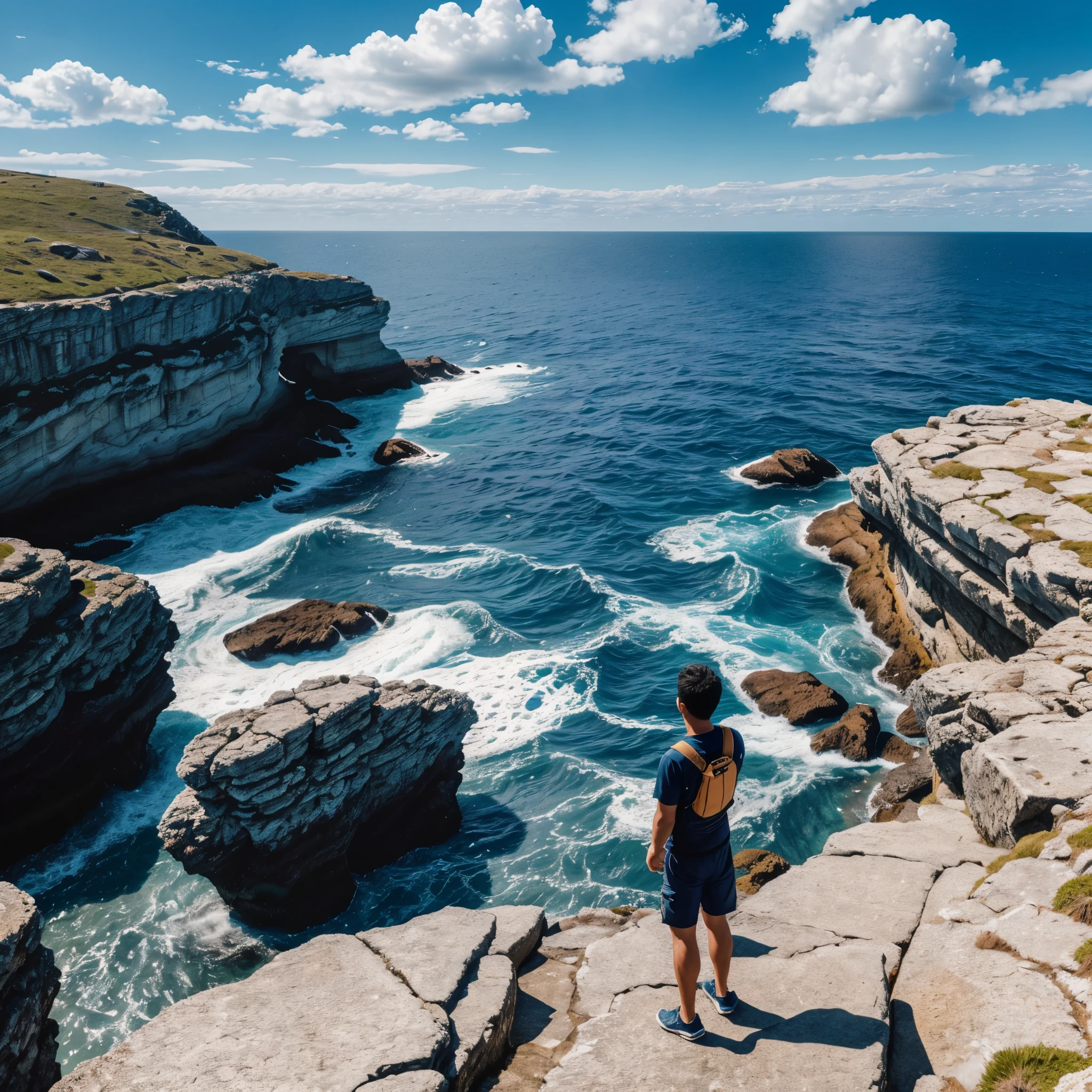 A person from far away from the coast, on top of flat rocks, close to the sea, camera vertically, horizontally, blue sky with white clouds, tone of light on the sea, perfect shadow, very detailed, masterpiece, ultra resolution, 4k hd