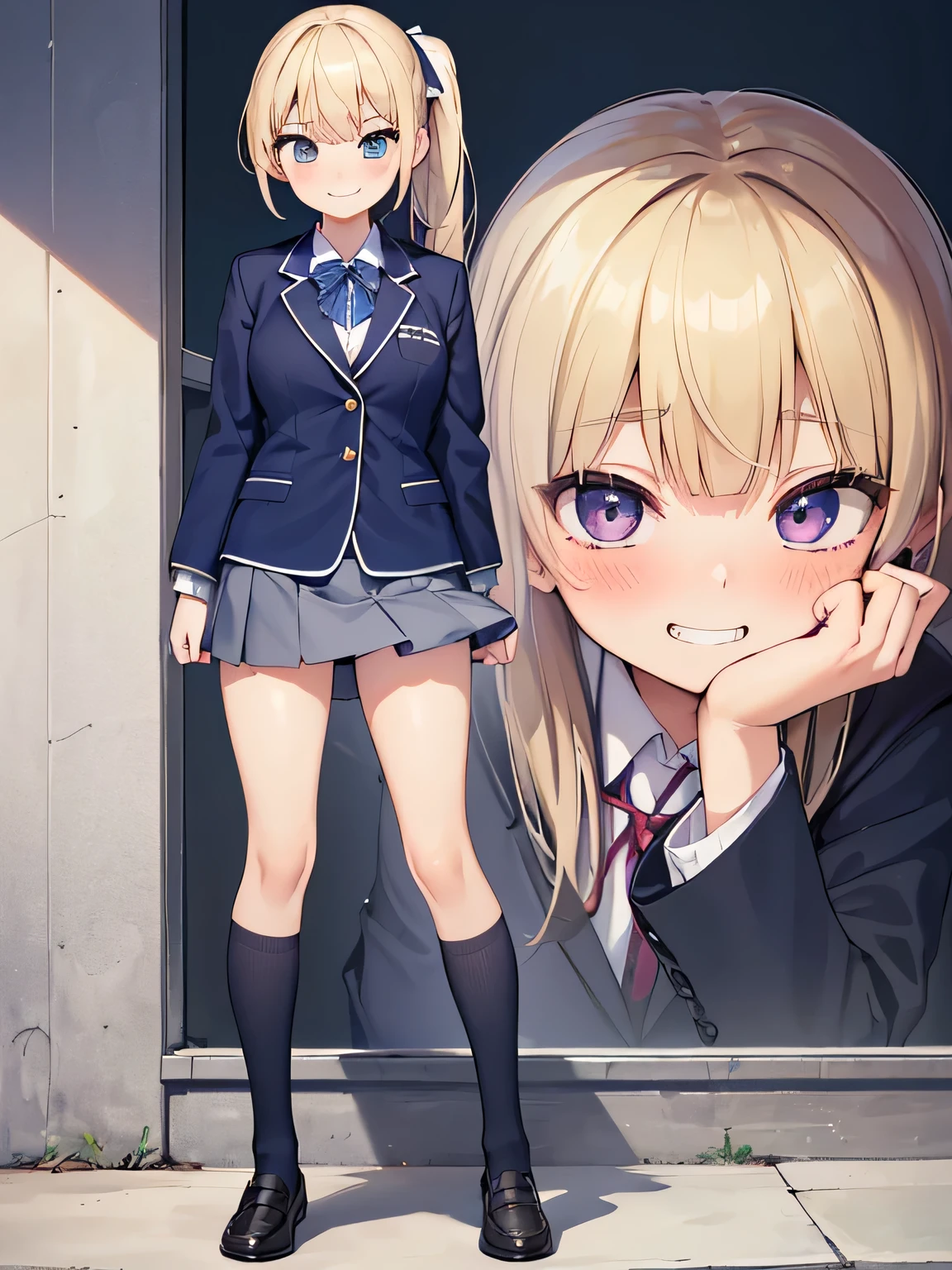 (masterpiece、highest quality、High resolution、realistic pictures、real looking skin:1.1)、
(There is one high school girl:1.5)、
(The woman lifts her skirt with both hands and reveals her panties.々I'm showing it to:1.8)、
(Blonde short ponytail:1.5)、
(standing:1.5)、
(Shy but grinning smile:1.8)、
(I am wearing a navy blue blazer, which is my high .:1.8)、
(She is wearing the gray miniskirt of her high .:1.8)、
(Both feet are wearing black loafers:1.8)、
(Both feet are wearing navy blue high socks.:1.8)、
(The socks are the same color and length for both feet.:1.8)、
(fancy purple panties:1.5)、
(two arms:1.5)、
(2 legs:1.5)、
(The location is the high school courtyard.:1.2)、
1 Japanese girl、solo、full body esbian、beautiful eyes、shining eyes、NSFW