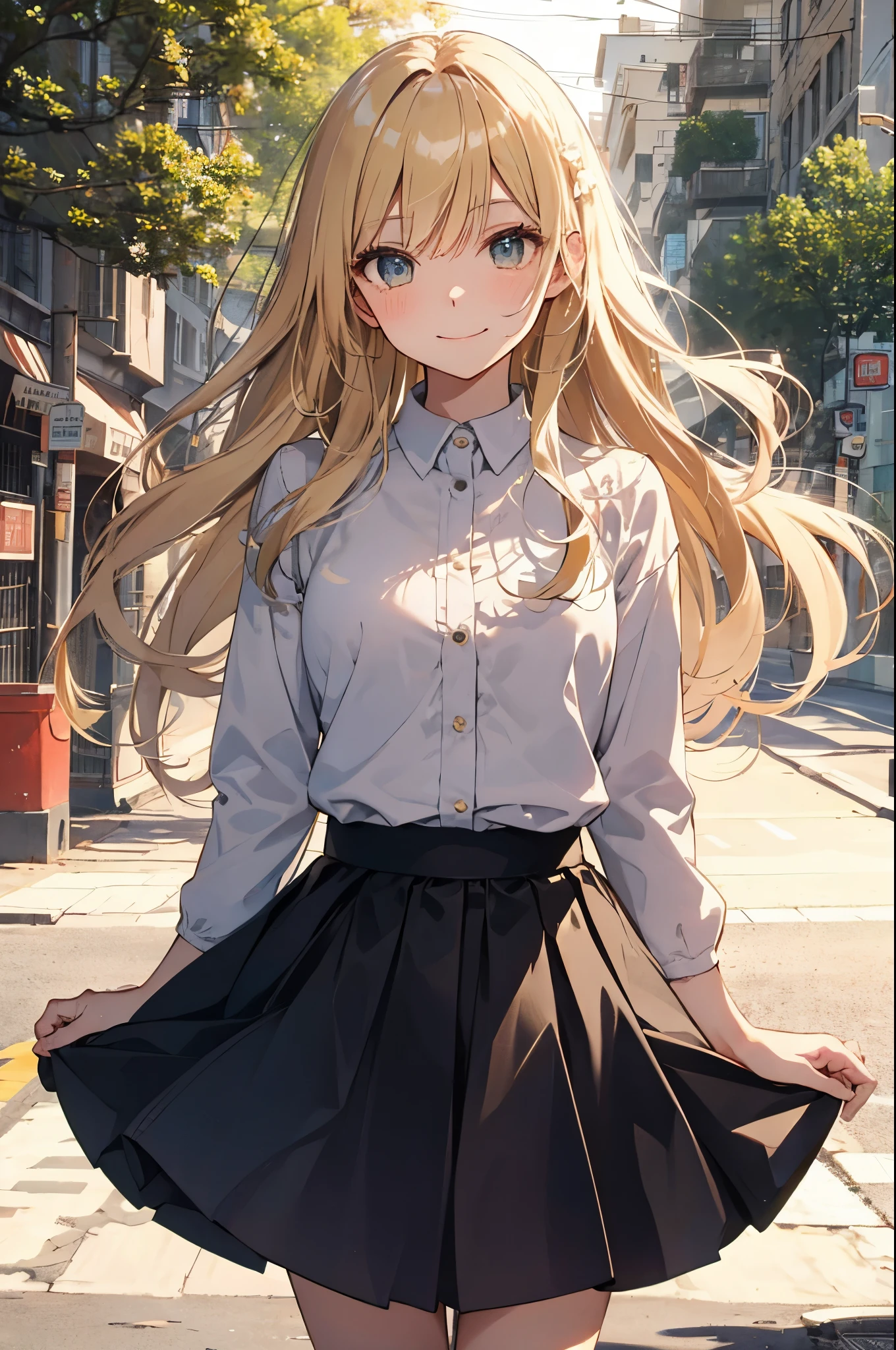 （Pretty sister:1.3）、long eyelashes、happy face,spring atmosphere、evening、aggressive、hot、((strong wind))、black skirt、shining eyes、yellow Y shirt、company、blonde