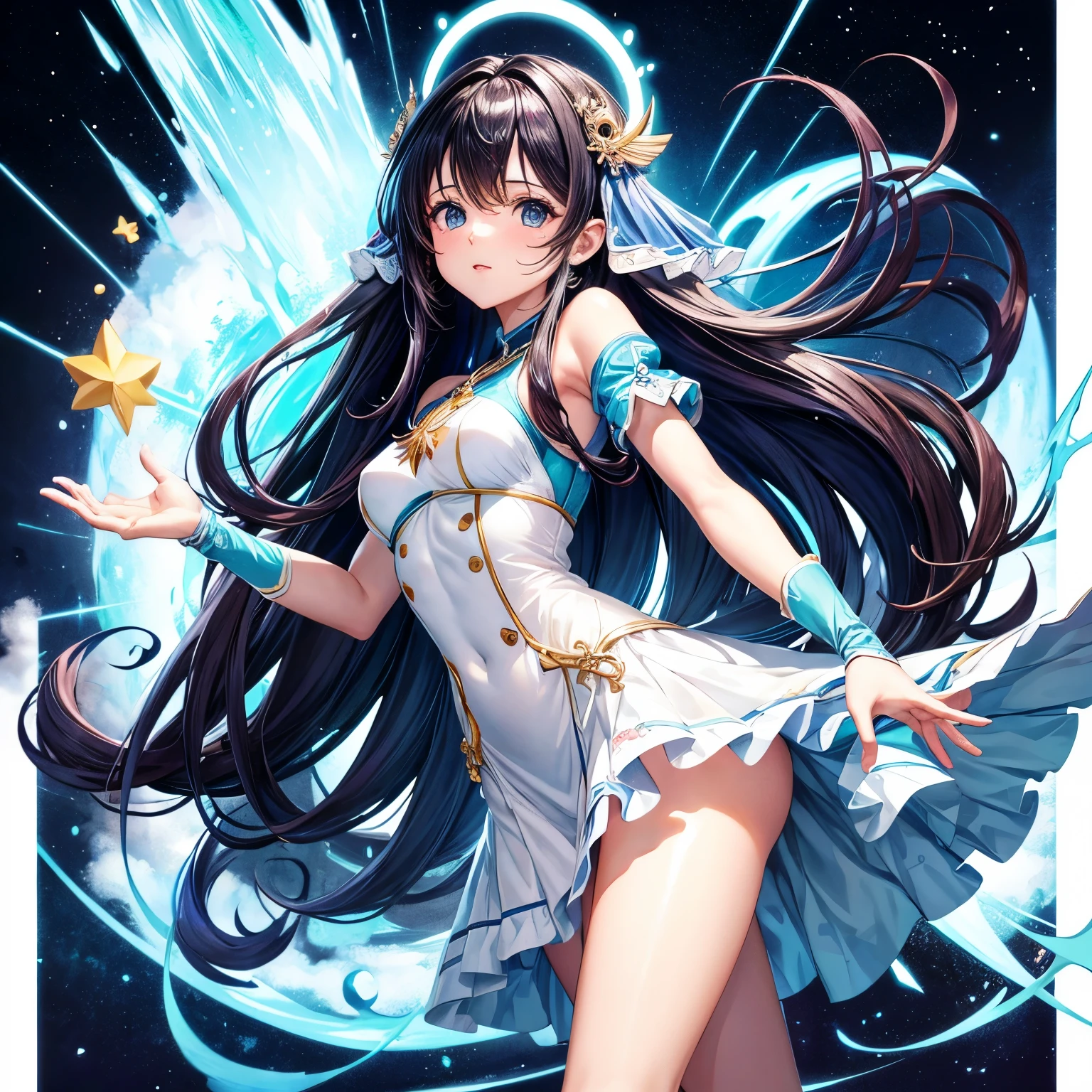 de anime, , orelhas de Coelho, coxas grossas, quadril largo, vestido azul, meias, cabelo branco, olhos castanhos, pele palida