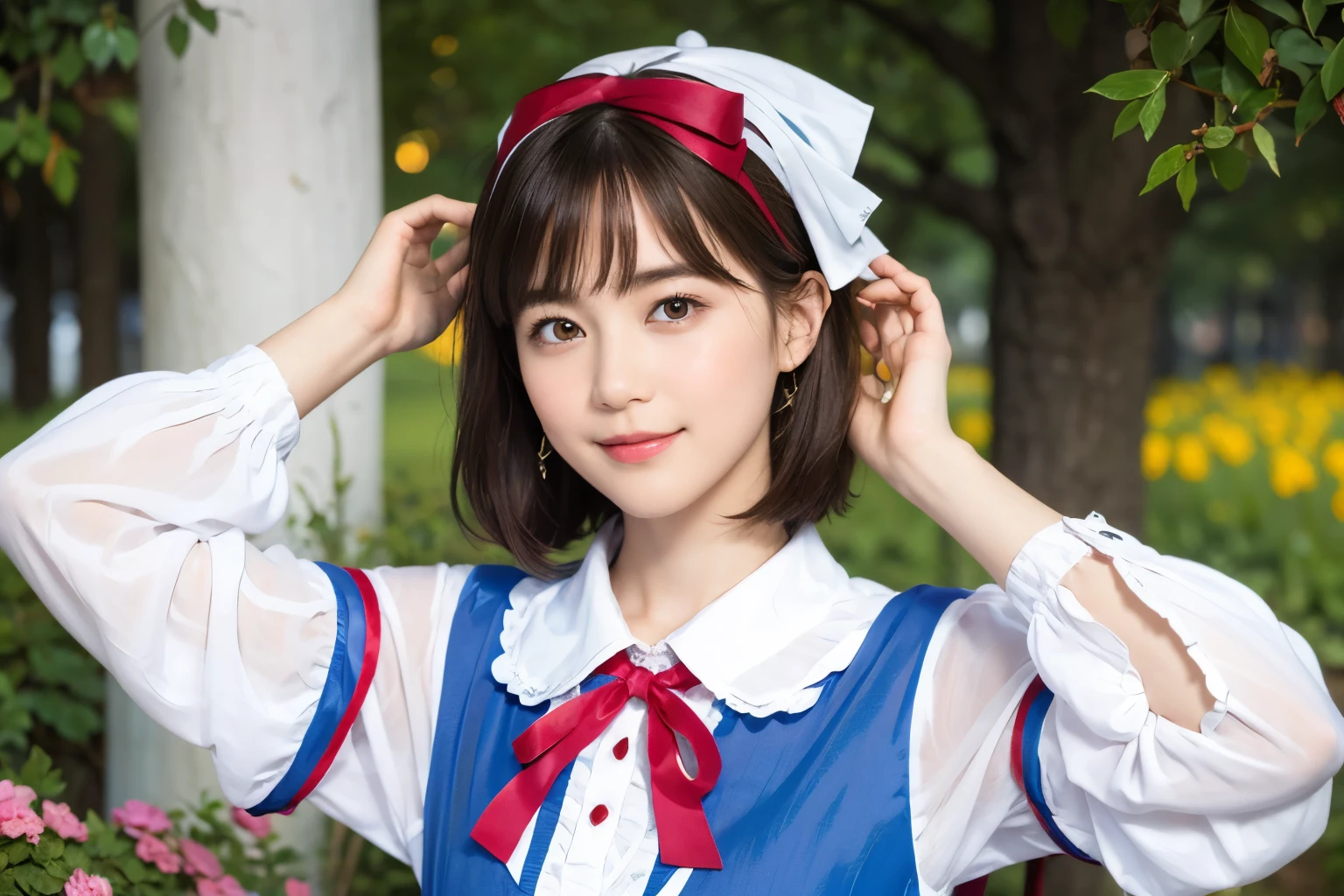 (alice in wonderland), 1, (He wears a large triangular ribbon on his head..), short hair, young woman, gentle smile, colorful clothes