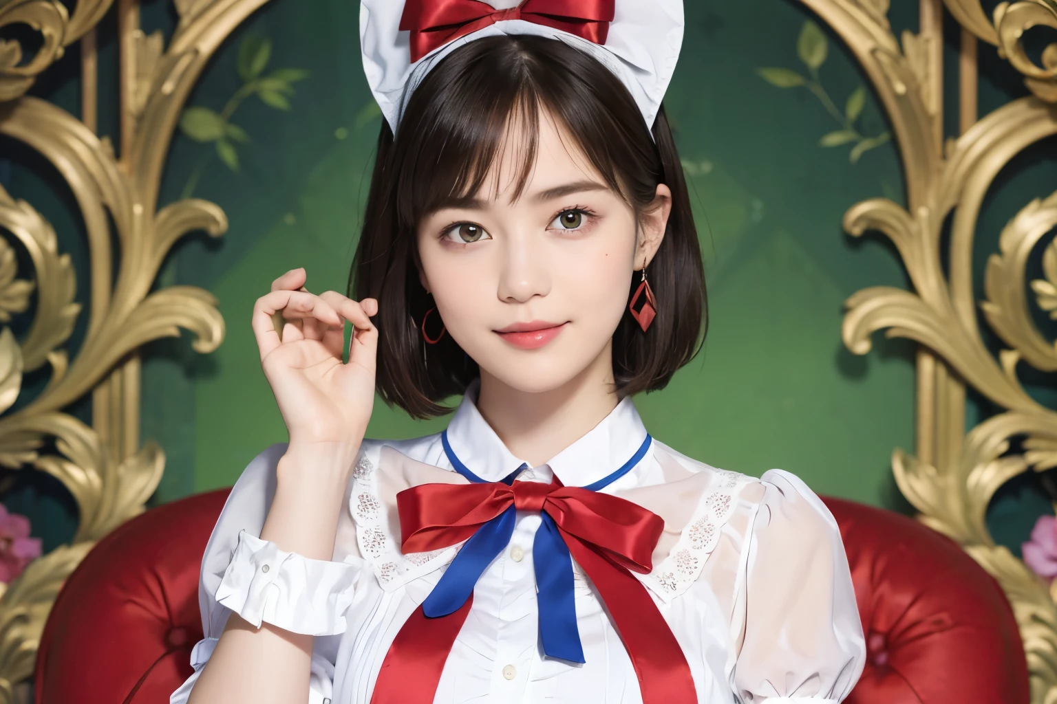 (alice in wonderland), 1, (He wears a large triangular ribbon on his head..), short hair, young woman, gentle smile, colorful clothes
