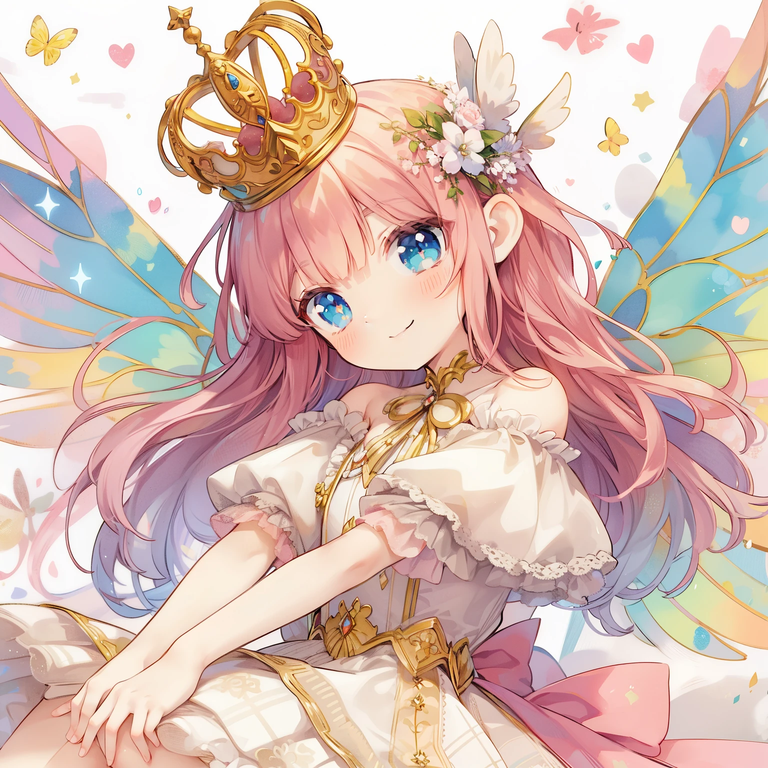 anime girl with a crown and a dress sitting on a pillow, smiling as a queen of fairies, fairy queen, pastel watercolor anime、fullbody,A fairy girl wearing a golden crown with wings flying around the city tilts her head with a smile.、view audience、From the side,anime princess, fairy princess, queen of the fairies, portrait of magical girl, beautiful fantasy anime, fairycore, portrait of fairy princess, fairy magnificent, ethereal anime, sparkling magical girl, pixiv, pixiv contest winner, beautiful fairy