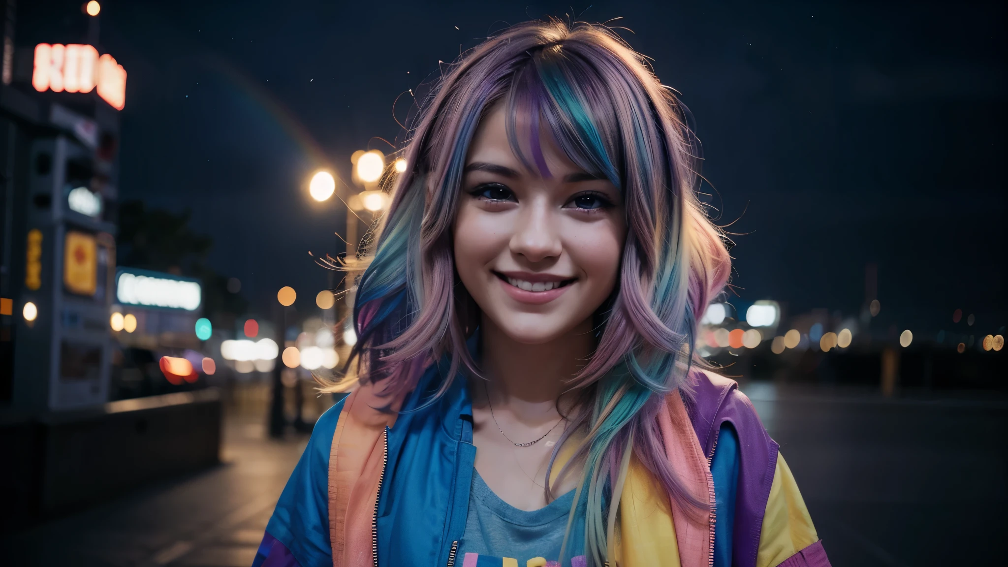 a sexy girl, in front of a night city, unfocus background, smiling, rainbow hair color
