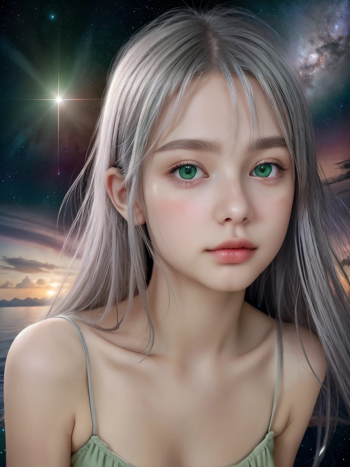 (4k), (highest quality), (best details)（surrealistic）,French Beautiful Girl、silver hair、green eyes、prayer、Red giant star Betelgeuse floating in the sky