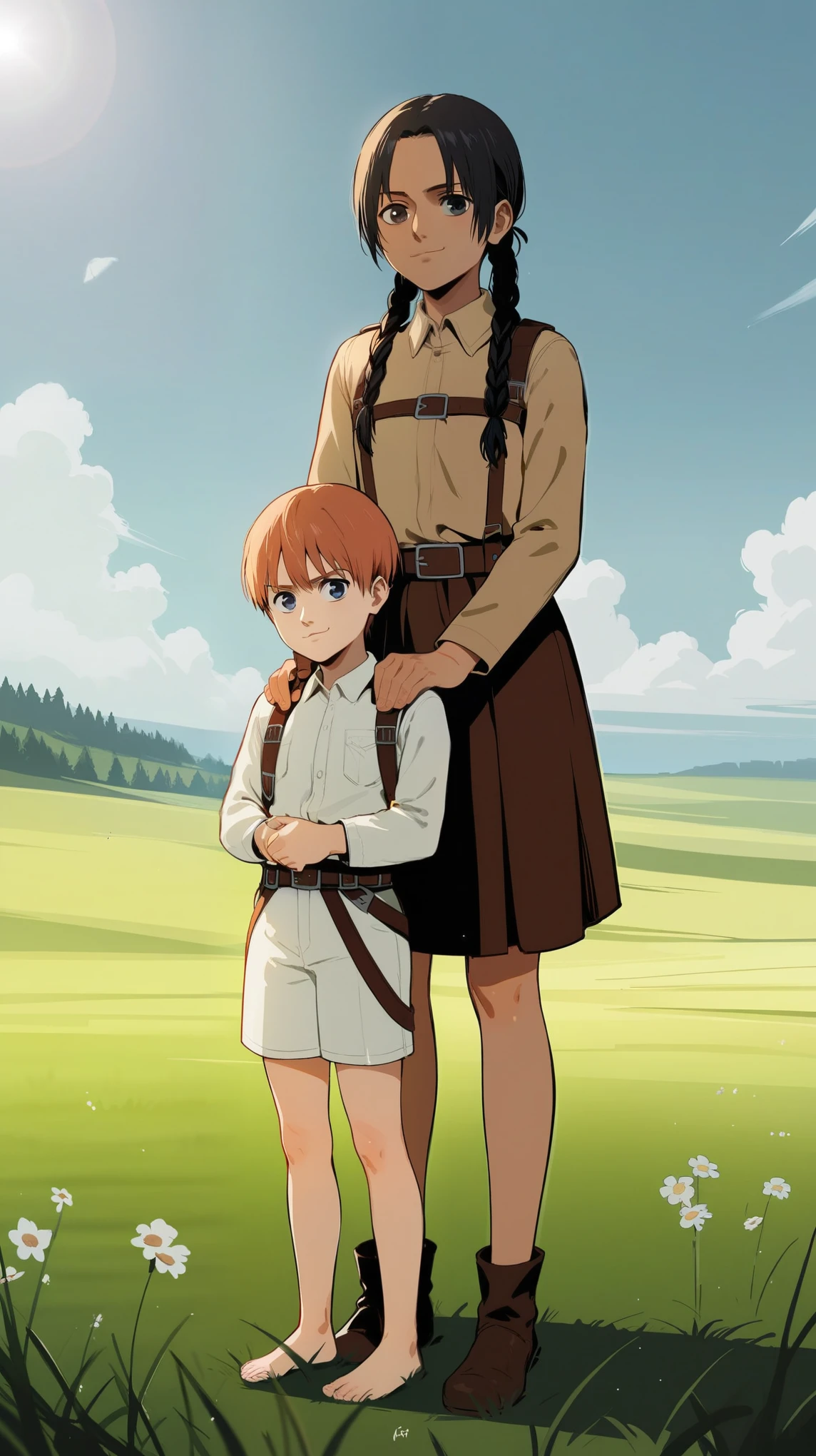 score_9, score_8_up, score_7_up, score_6_up, source_anime, BREAK by ikuchan kaoru, iku, clean color, flat color, duo, higging, lovers, skinny, attack on titan, medieval, medievaloutfit, grassy field, standing, outdoors, field, snk, aot, BREAK, 1girl, outdoors, aged down, kid, wearing skirt, ginger pigtails, blue eyes, braided pigtails, attack on titan style, aot, snk, smug, thoughtfull, smug expression, BREAK, 1boy,brown skinned male, brown skin, brown eyes, black hair, nude, frustrated, looking at one another, brown boy, boy, teen
