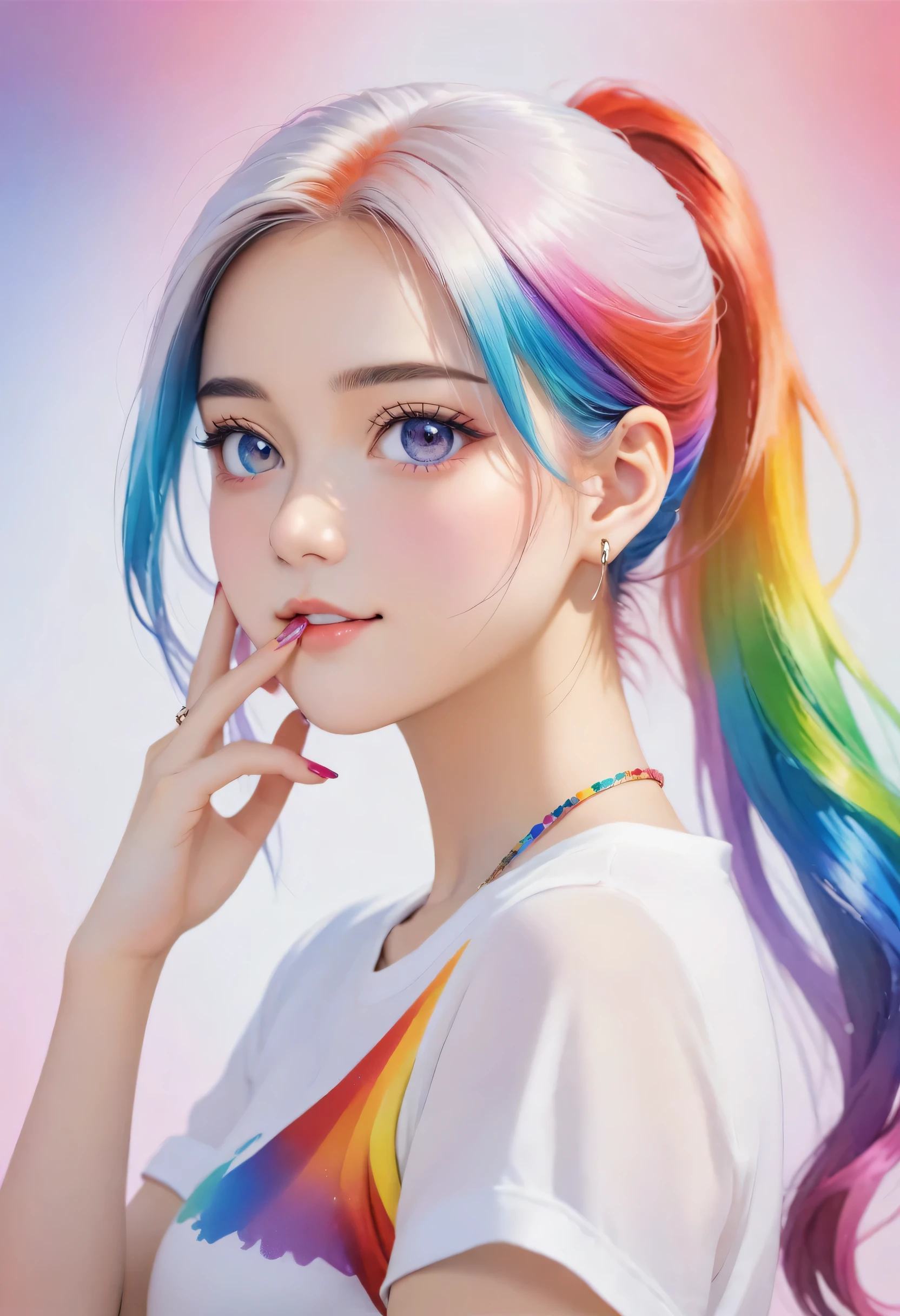 1 girl,glowing eyes,light smile, long hair, (colorful hair: 1.8),(Rainbow gradient high ponytail:1.7),hair ribbon, bracelet, ring, (hand to mouth:1.5),(nail design:1.5),pendant,stud earrings,T-shirt, Exquisite makeup,look at viewer,front,Upper body, acrylic paint, comics,Wind,(petal: 1.4),depth of field,white background,dynamic angle,(((masterpiece))),(((best quality))),((Super detailed)),(illustration),(Dynamic angle),((floating)),(draw),((disheveled hair)),(((Detailed anima face))),((Beautiful and delicate face)),collar,white hair, ((rich and colorful hair)),((striped hair)),Beautiful and delicate eyes,(slope color eyes),(((rich and colorful eyes))),(((rich and colorful background))),(((high saturation))),(((surrounded by rich and colorful splashes)))