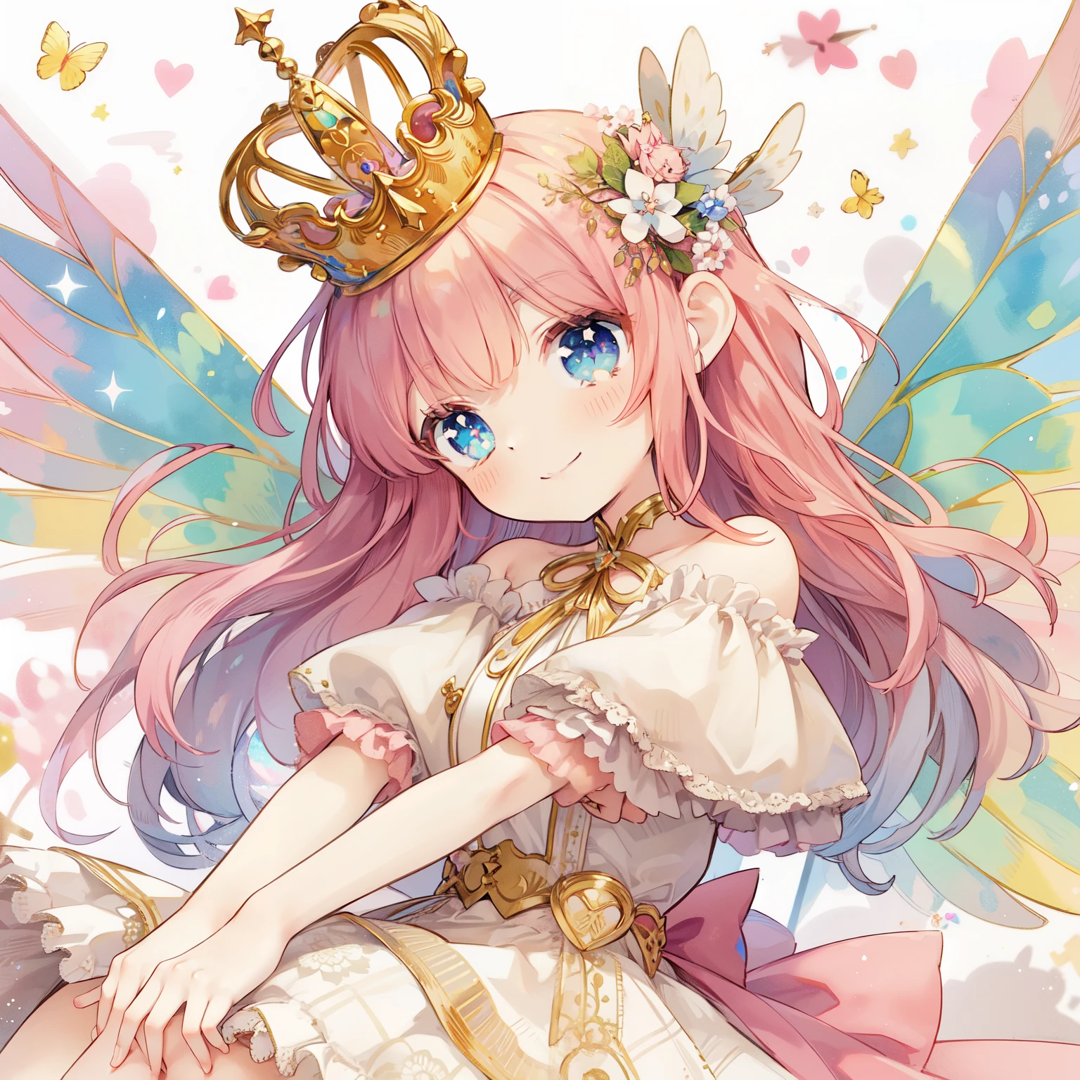 look at the audience、anime girl with a crown and a dress sitting on a pillow, smiling as a queen of fairies, fairy queen, pastel watercolor anime、fullbody,A fairy girl wearing a golden crown with wings flying around the city tilts her head with a smile.、view audience、From the side,anime princess, fairy princess, queen of the fairies, portrait of magical girl, beautiful fantasy anime, fairycore, portrait of fairy princess, fairy magnificent, ethereal anime, sparkling magical girl, pixiv, pixiv contest winner, beautiful fairy