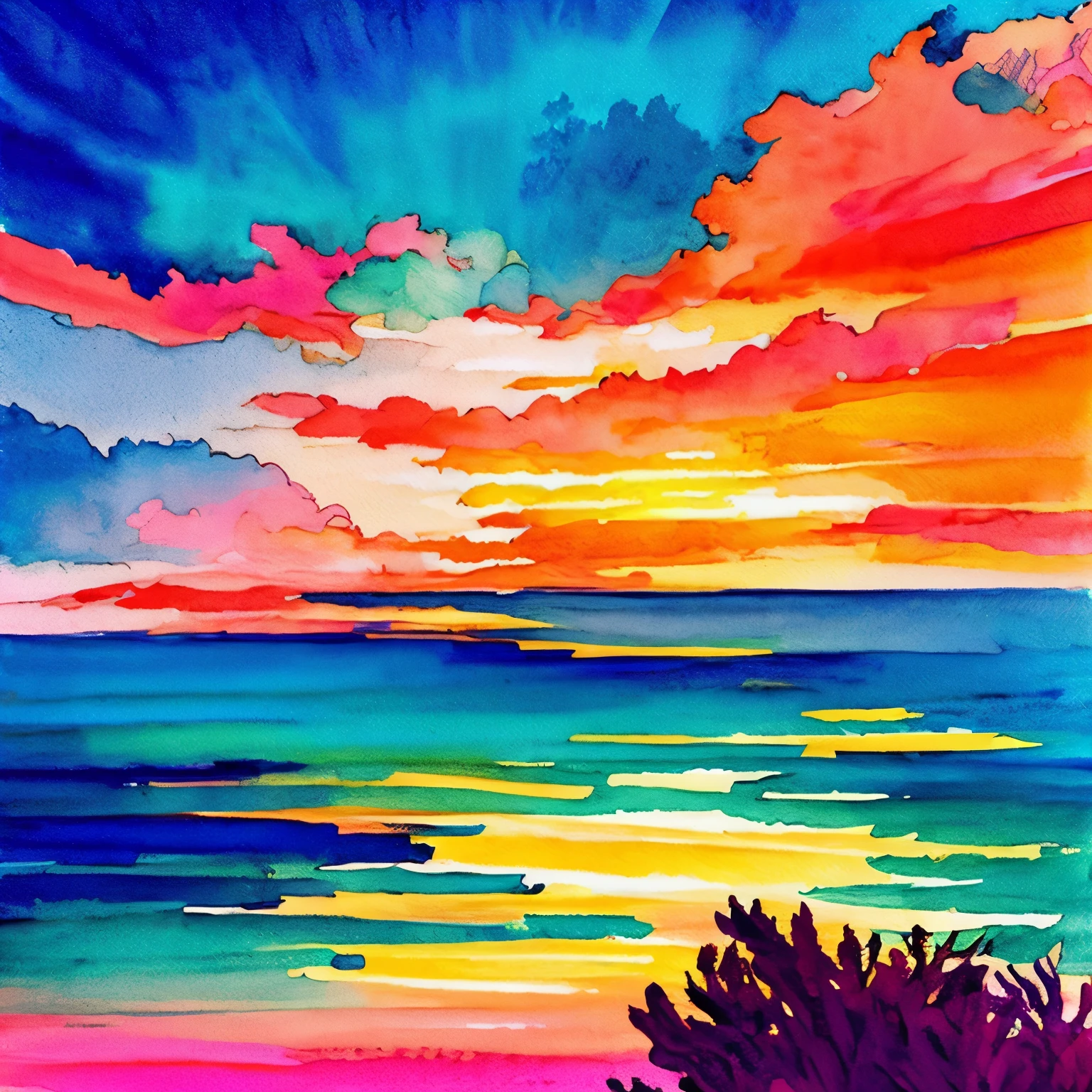 "Capture the beauty of an ocean sunset with watercolors. Use warm colors like orange, Pink, and create a vibrant and glowing sky. Add the cool blues and greens of the ocean for contrast. Don’t forget to add the reflection of the sunset on the water,to add depth and interest."