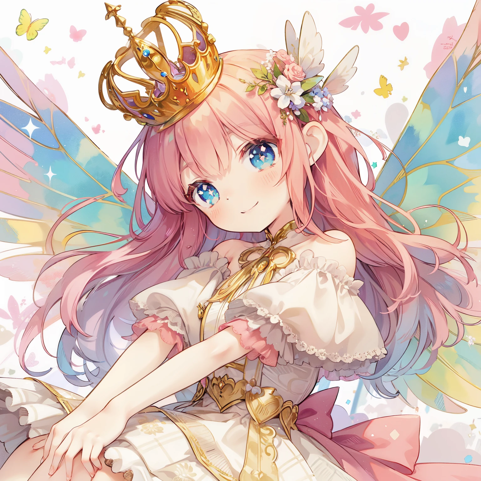 look at the audience、anime girl with a crown and a dress sitting on a pillow, smiling as a queen of fairies, fairy queen, pastel watercolor anime、fullbody,A fairy girl wearing a golden crown with wings flying around the city tilts her head with a smile.、view audience、From the side,anime princess, fairy princess, queen of the fairies, portrait of magical girl, beautiful fantasy anime, fairycore, portrait of fairy princess, fairy magnificent, ethereal anime, sparkling magical girl, pixiv, pixiv contest winner, beautiful fairy