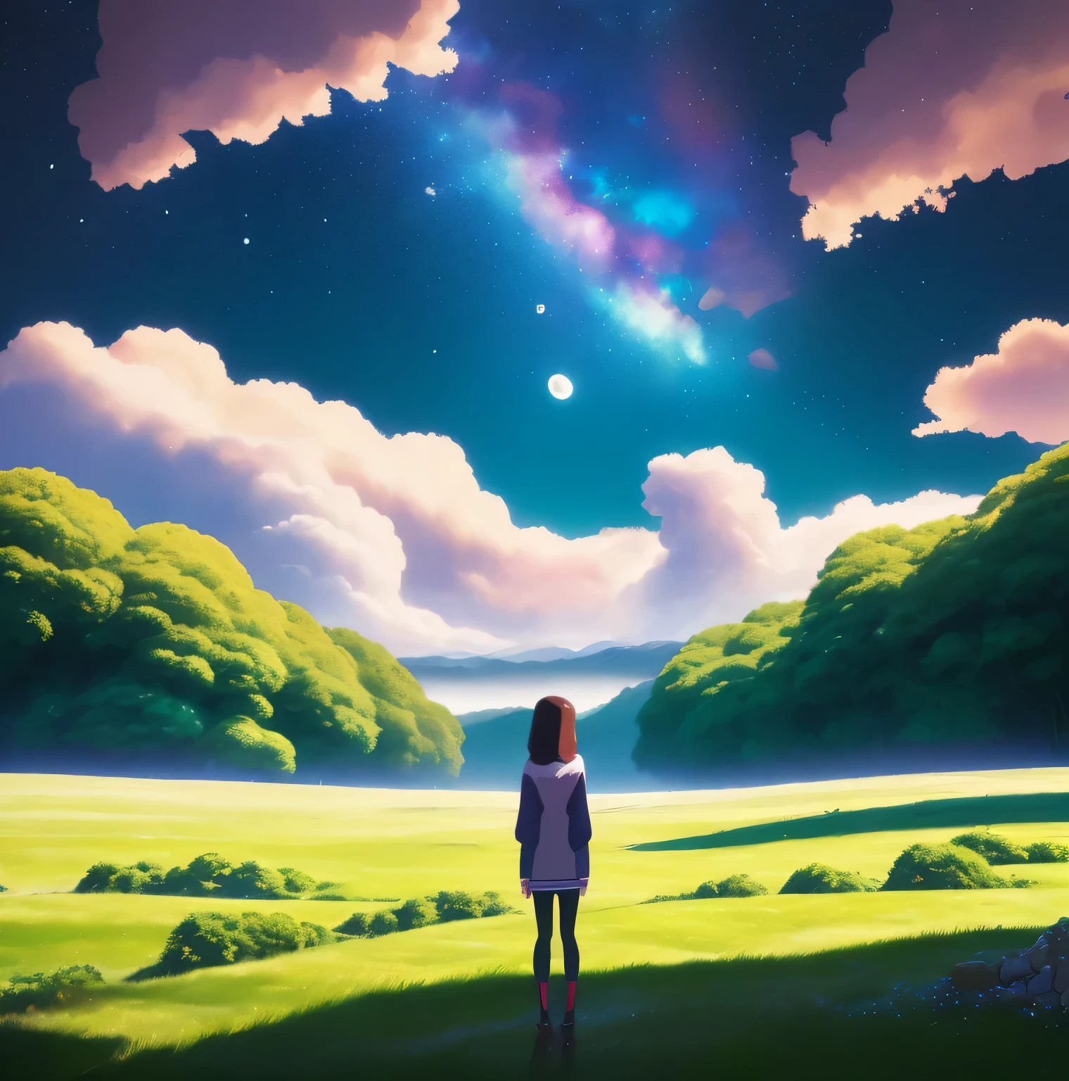 1 person、Fighting girl staring at the stars（zoomed out：1.1）、（star swarm：1.2）、（trees ：1.1）、yourname、moon、from the rear、fireplace 、city in distance 、cherry trees、Highest quality standing in the field、masterwork、​​clouds、colourfull、starrysky、stele