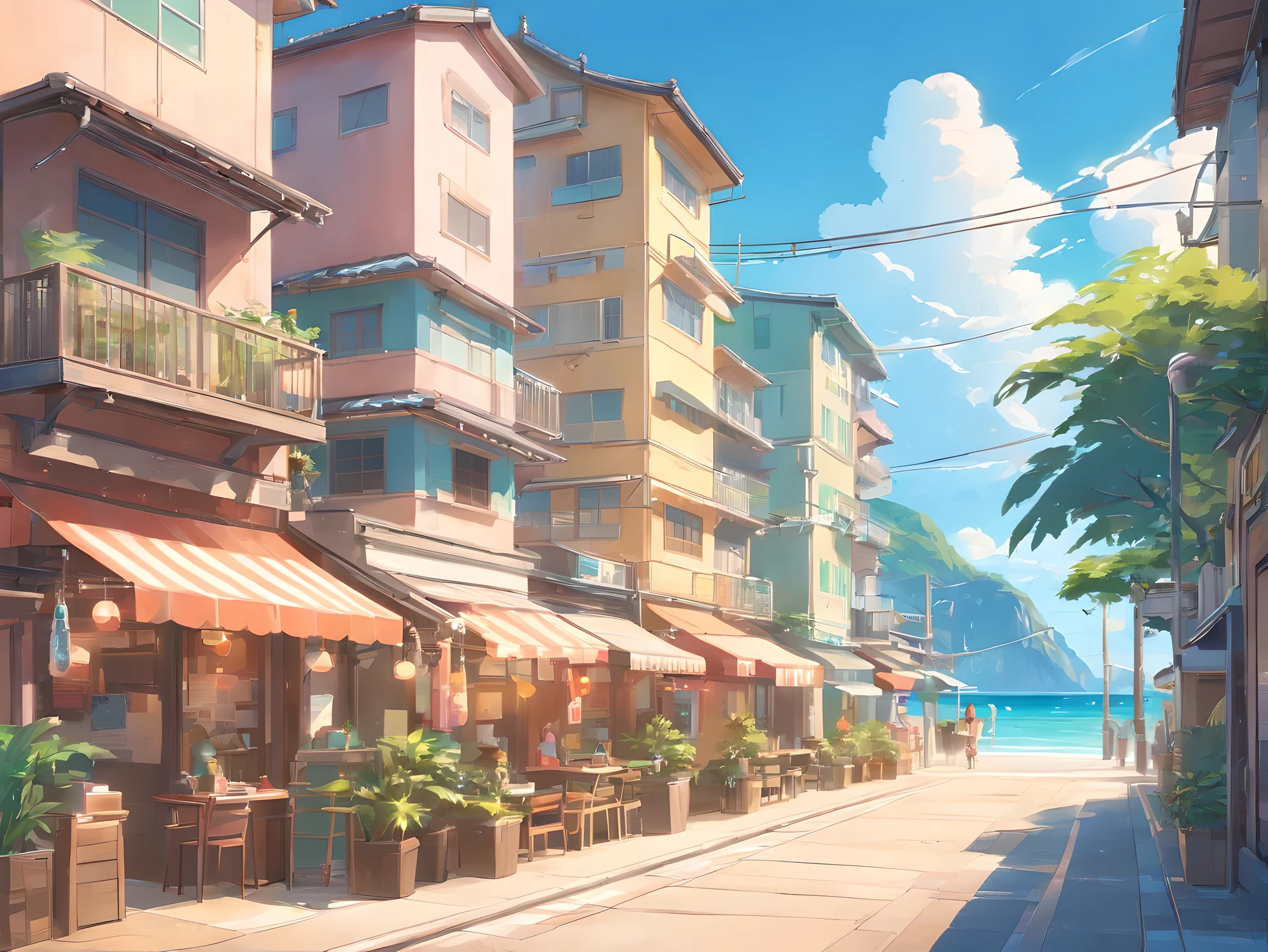 beach town street port, view from the sea, nice details (details realistic) (((fron view))), day light, 3 D, no people, cartoon style, italian town beach, palms and shops, no people, view from the sea, hauses old style, island style, view from the sea,