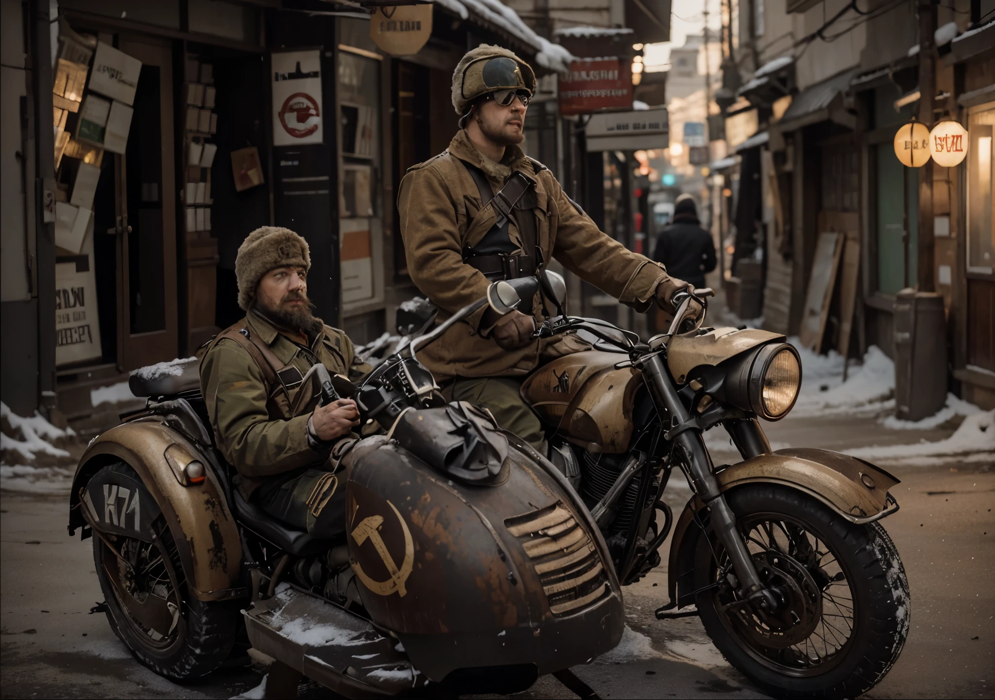 two male soldiers riding a light brown Soviet-style military motorcycle with a car with a communist symbol painted in red, they have a Russian face, no beard, they wear an ushanka hat, they wear motorcycle glasses, they wear a beige-style Soviet military uniform, the motorcycle has a mortar mounted, is in a totally destroyed post-apocalyptic city, winter, snow, 4k, ultra detailed image, Realistic, highly detailed, perfect composition, gorgeous, Intricately detailed, incredibly detailed, 8 k artistic photography, hyper detailed, masterpiece , ultra detailed, hyper Realistic, 4k, ultra detailed image, Realistic, highly detailed, perfect composition, beautiful, Intricately detailed, incredibly detailed, 8K fine art photography, hyper detailed, masterpiece