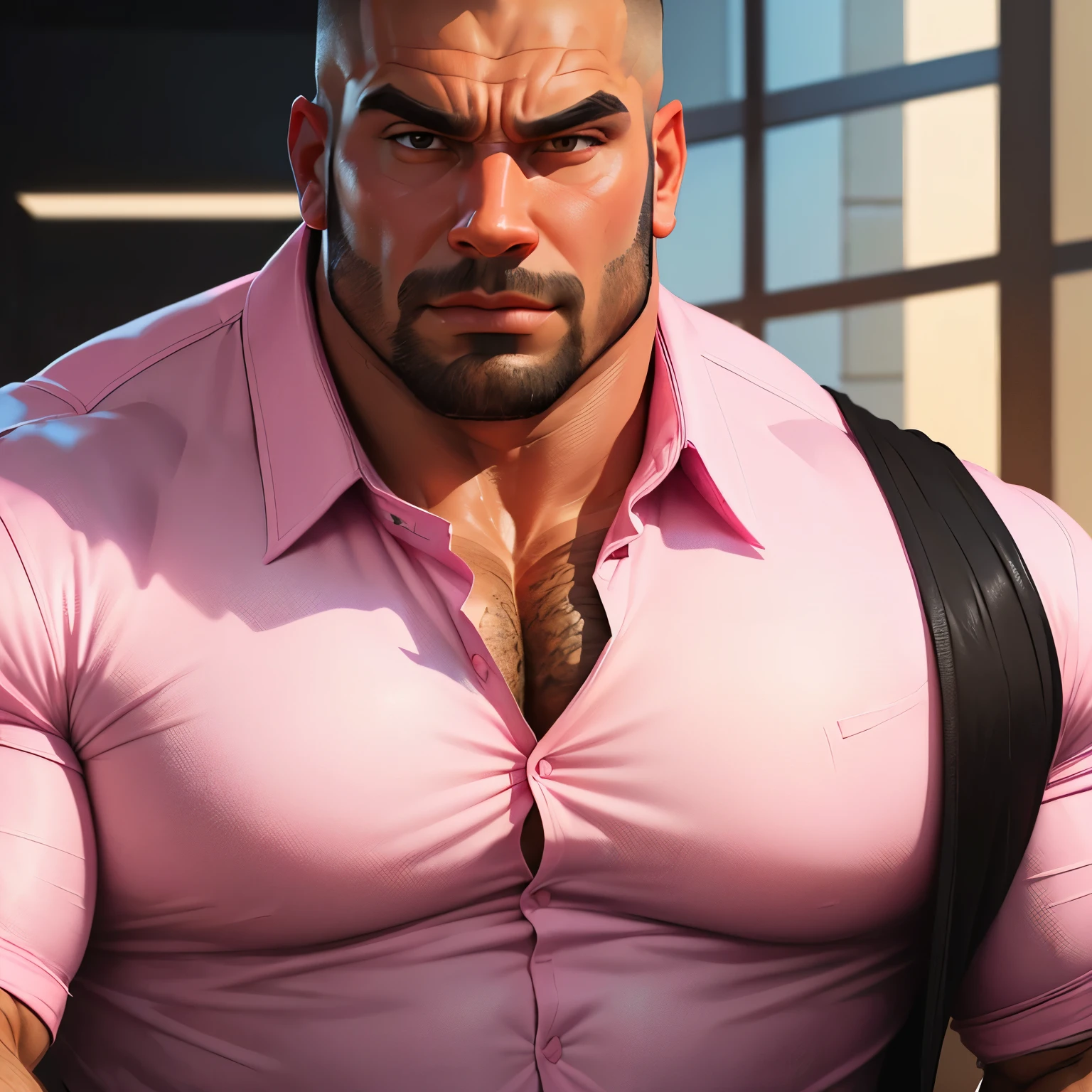 an exaggeratedly muscular and large bald bodyguard, beefy build, mixed race, (wearing pink business casual collared shirt: 1.2), (bara pecs: 1.3), (arm and chest hair: 1.1), close-up portrait HD, bright corporate office with large windows