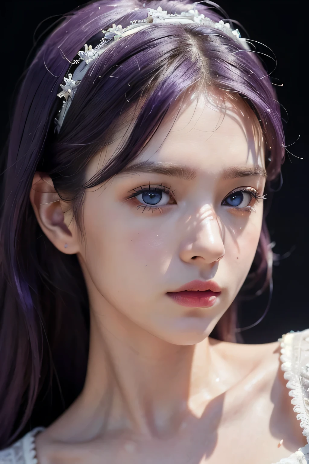 best quality,masterpiece,extremely detailed,high res,4k,ultra high res,detailed shadow,ultra realistic,realistic,dramatic lighting,1girl,solo,detailed face,realistic eyes,realistic skin,white dress,purple hair,dynamic pose, white lace dress, blueeyes