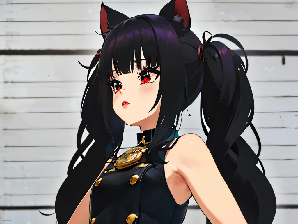 Locked in a The cell, Tras las rejas, pecho enorme, escote, gran culo, prisionero, Mono carcelario a rayas, lineas blancas y negras, lineas blancas y negras, The cell, bloqueado, esposado, escote, ,((long hair slightly wavy slightly past the shoulders, black bangs, small black pigtails on the sides, cute cat ears, beautiful thin red eyes)),