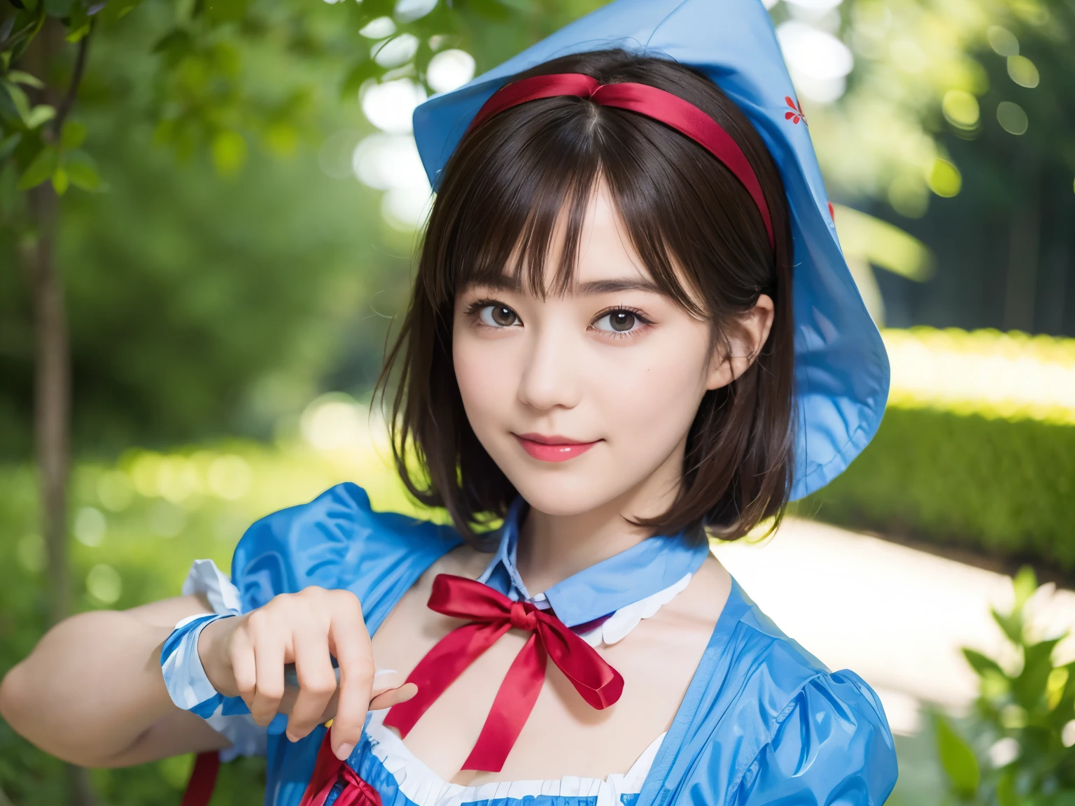 (alice in wonderland), 1, (He wears a large triangular ribbon on his head...), short hair, young woman, gentle smile, colorful clothes