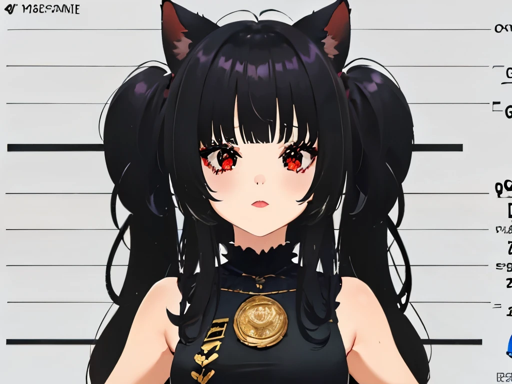 Locked in a The cell, Tras las rejas, pecho enorme, escote, gran culo, prisionero, Mono carcelario a rayas, lineas blancas y negras, lineas blancas y negras, The cell, bloqueado, esposado, escote, ,((long hair slightly wavy slightly past the shoulders, black bangs, small black pigtails on the sides, cute cat ears, beautiful thin red eyes)),