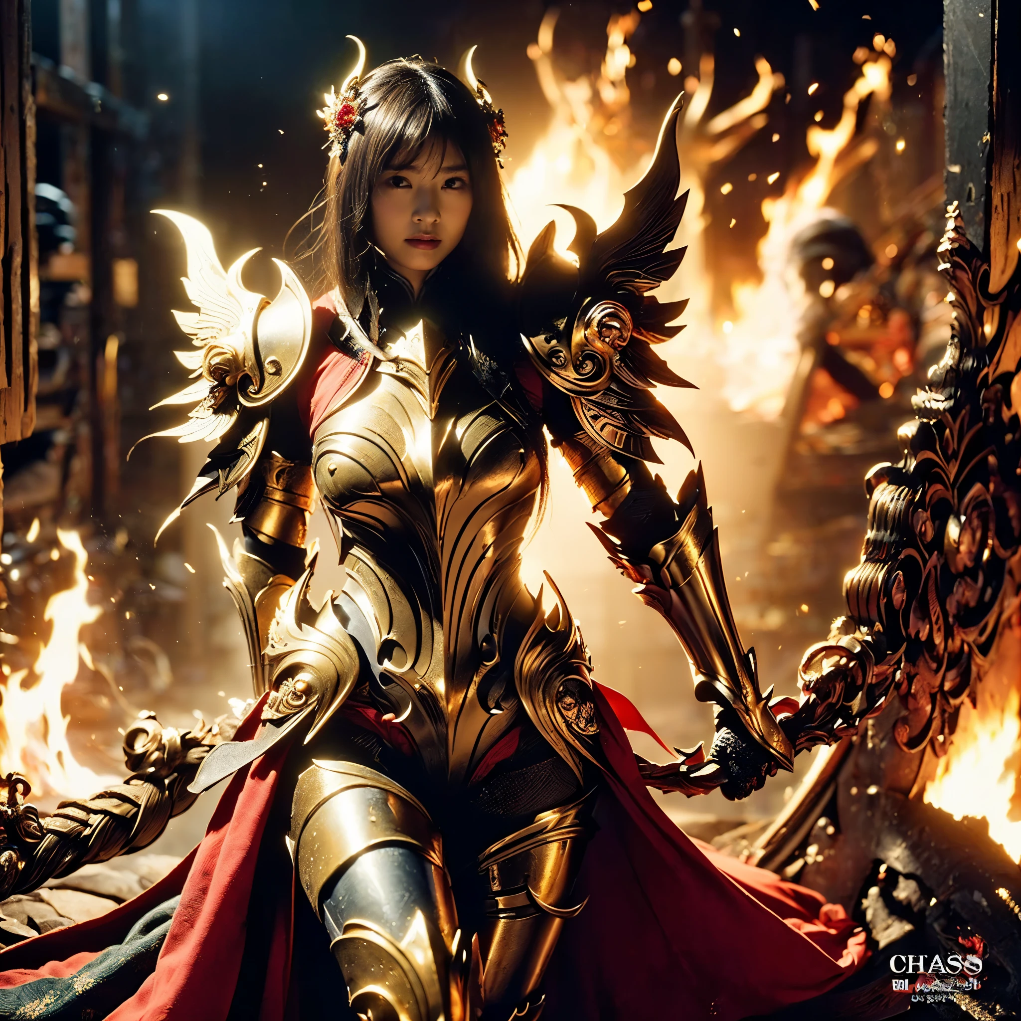 (((Realistic, masterpiece, best quality, crisp detail, high definition, high detail, very rich detail, sharp focus, sharp detail, colorful, perfect studio lightning))), ((20 years old goddess, kasumi arimura)),(((in the middle of war, epic war scene, attack stance))), wearing (((beautiful ornamented golden heavy armor, decorated full body armor, fully armored beautiful kimono, golden wing))), (holding beheaded head, blood scattered face, blood tears, blood bath, blood shed), (((fire everywhere, blood everywhere, death everywhere, japan bakumatsu period, dead bodies,carcass,burned japanese castle,hellish,chaos)) traditional village background)