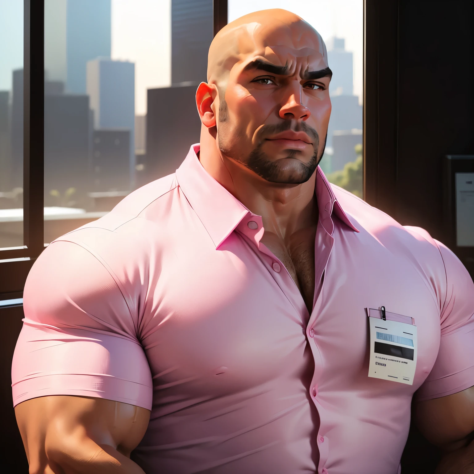 an exaggeratedly muscular and large bald bodyguard, beefy build, mixed race, (wearing pink business casual collared shirt: 1.2), name tag, (bara pecs: 1.3), (arm and chest hair: 1.1), close-up portrait HD, bright corporate office with large windows