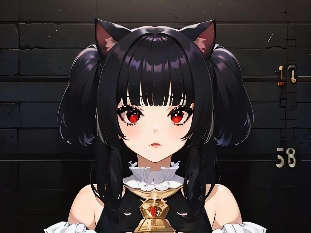 Locked in a The cell, Tras las rejas, pecho enorme, escote, gran culo, prisionero, Mono carcelario a rayas, lineas blancas y negras, lineas blancas y negras, The cell, bloqueado, esposado, escote, ,((long hair slightly wavy slightly past the shoulders, black bangs, small black pigtails on the sides, cute cat ears, beautiful thin red eyes)),