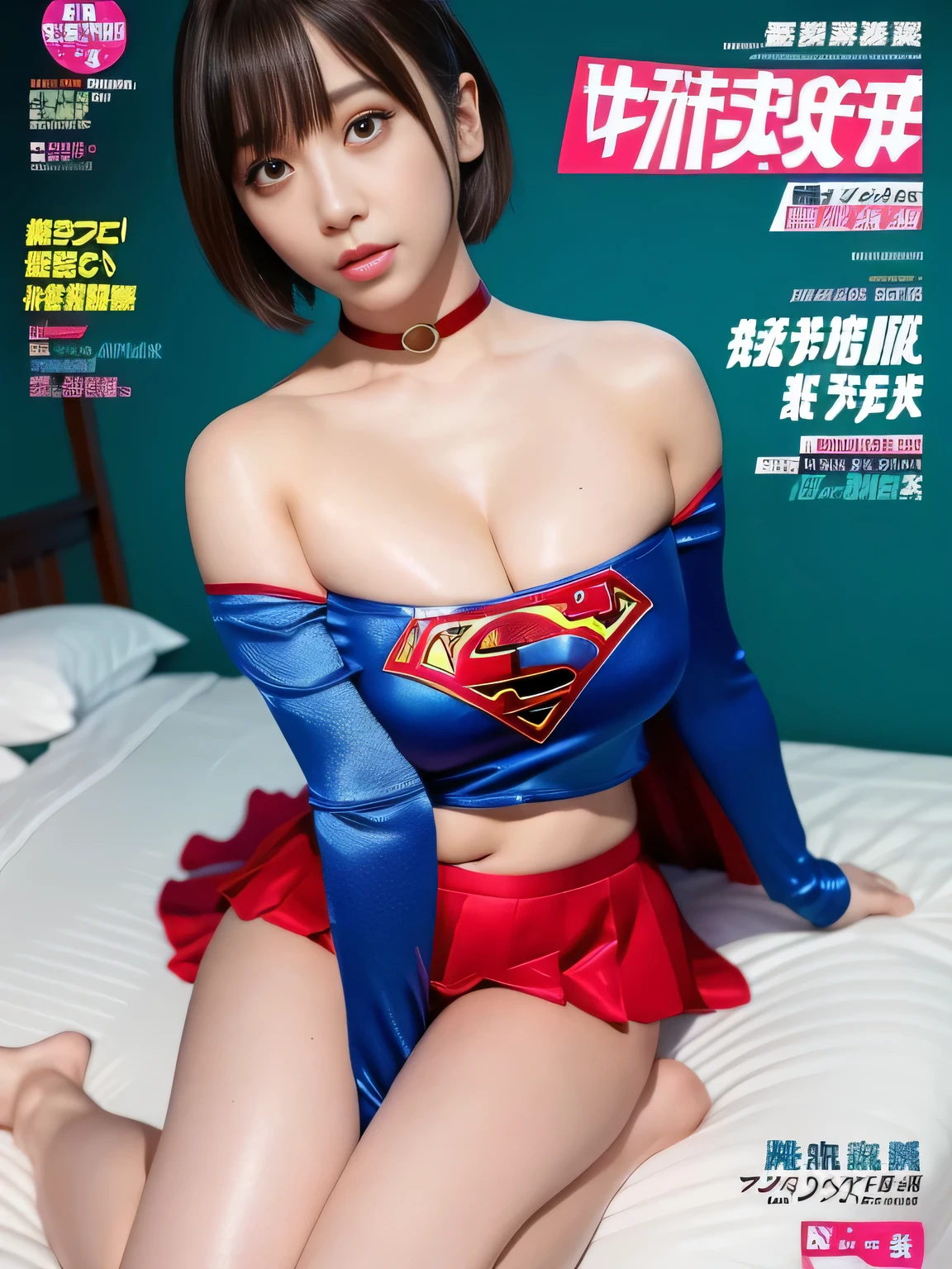 masterpiece、supergirl costume、short hair、barefoot、big and full breasts、public health center、cross your legs on the bed、Seduce in sexy poseodel body shape、shiny、looking at camera、choker、long sleeve、red mini skirt、Weekly magazine cover、gravure magazine、sweaty、Exciting、off shoulder、