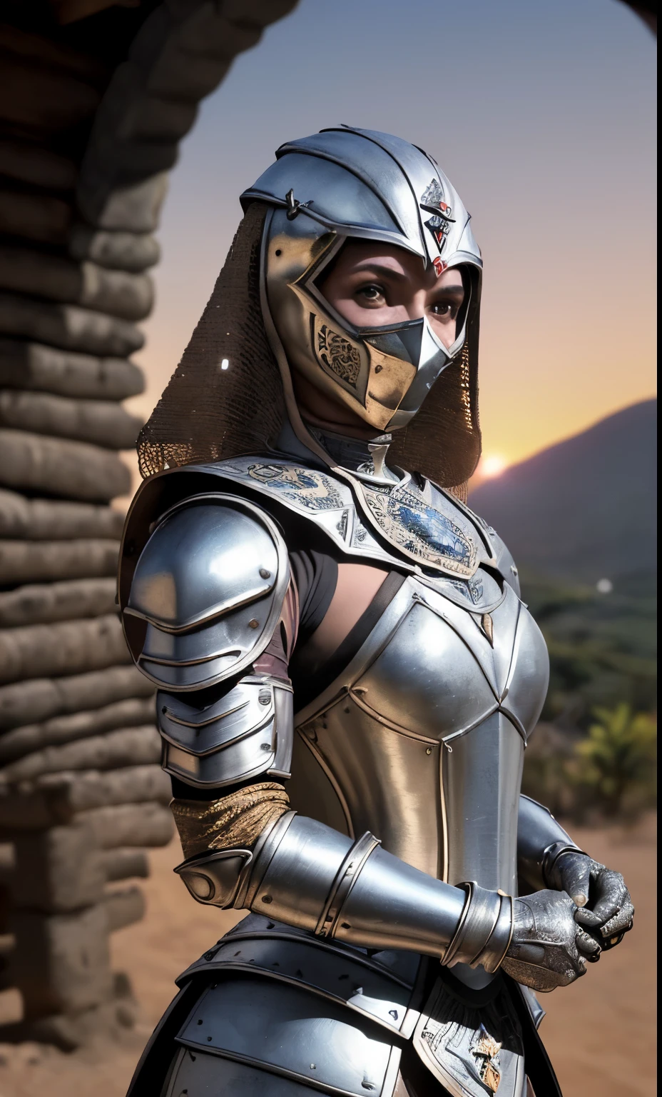 (obra de arte), (extremamente complexo:1.3), (realista), retrato de uma , a mais bonita do mundo, (armadura medieval), metallic reflections, tronco, ao ar livre, luz solar intensa, castelo distante, fotografia profissional de uma mulher deslumbrante detalhada, sharp focus, dramatic, premiado, cinematic lighting, octano render motor irreal, volumetric dtx, (Film grain, fundo desfocado, primeiro plano desfocado, Bokeh, profundidade de campo, Sunset, desfoque de movimento:1.3), cota de malha