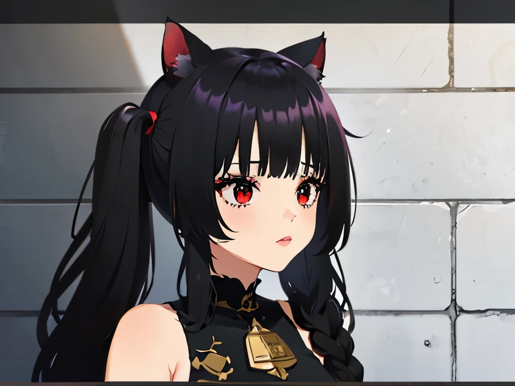 Locked in a The cell, Tras las rejas, pecho enorme, escote, gran culo, prisionero, Mono carcelario a rayas, lineas blancas y negras, lineas blancas y negras, The cell, bloqueado, esposado, escote, ,((long hair slightly wavy slightly past the shoulders, black bangs, small black pigtails on the sides, cute cat ears, beautiful thin red eyes)),