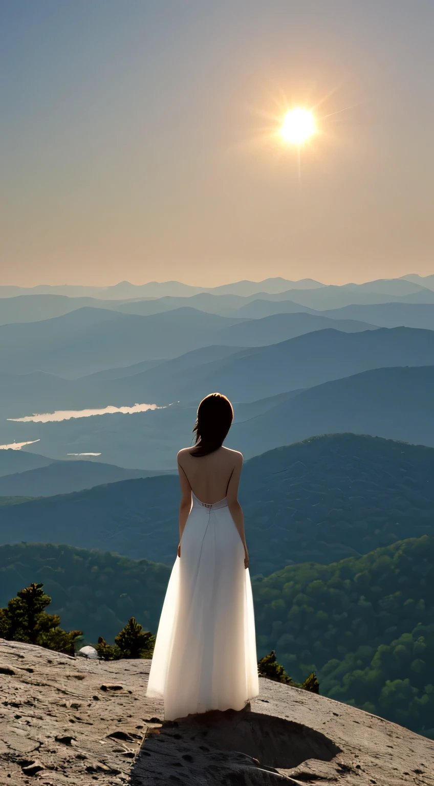 The back view of a beauty，Standing on the top of the mountain，People are particularly small，Look at the sun，