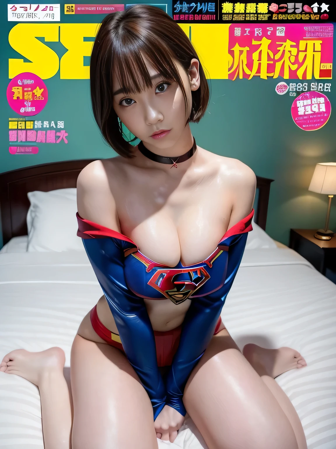 masterpiece、supergirl costume、short hair、barefoot、big and full breasts、Hotel、cum on the bed、Seduce in sexy poseodel body shape、shiny、looking at camera、、choker、long sleeve、red mini skirt、Weekly magazine cover、gravure magazine、sweaty、Exciting、off shoulder、