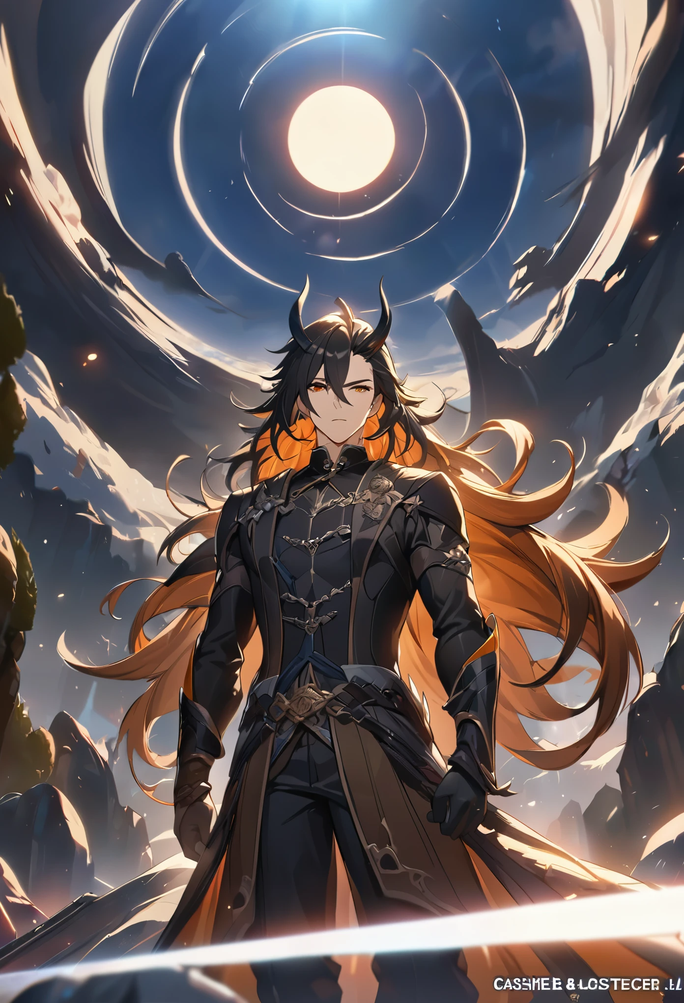 ((solo)), dark orange eyes, black hair, very long messy hair, dark orange colored inner hair a close up of a person with a sword in a field of ice, detailed key anime art, honkai star trail character, casimir art, masamune shiro, masamune, handsome guy in demon slayer art, genshin, heise jinyao, shadowverse style, (no logos), eclipse, eclipse powers, twilight scenery, detailed clothes, eye reflection, depth of field, cinematic lighting, ray tracing, depth of field, cinematic lighting, ray tracing, UHD, high details, best quality, highres, high quality, award winning, super detail, masterpiece, 8k, UHD, high details, best quality, highres, high quality, award winning, super detail, masterpiece, 8k