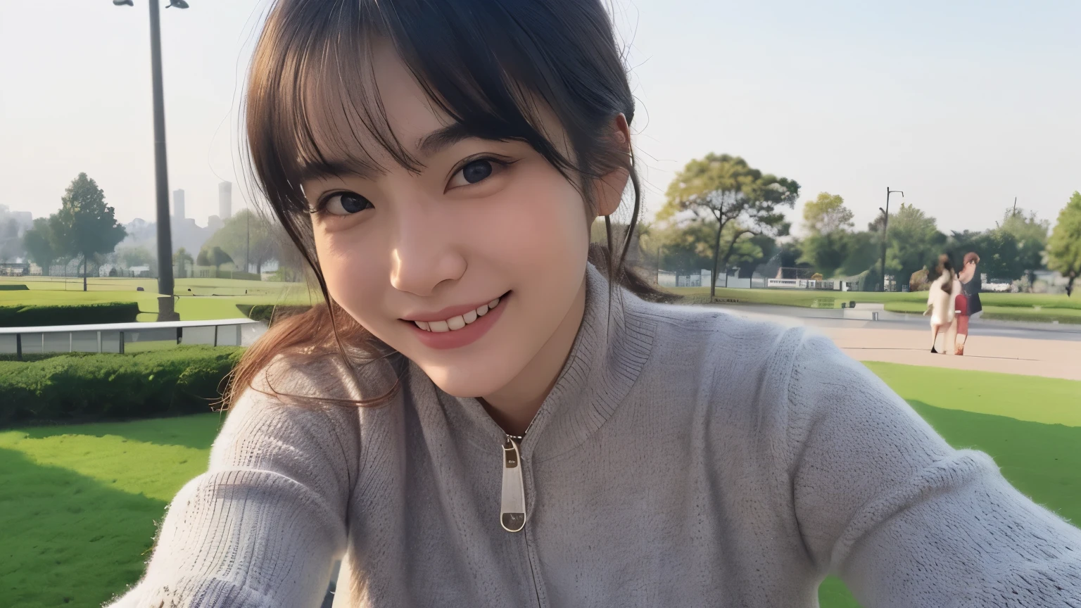 (extra detailed body、extra detailed face、best qualtiy:1.2)、femele、looking at the viewers、(knit、bask、a smile、tabi)、(park in the background),From the stomach up、leaning to the right