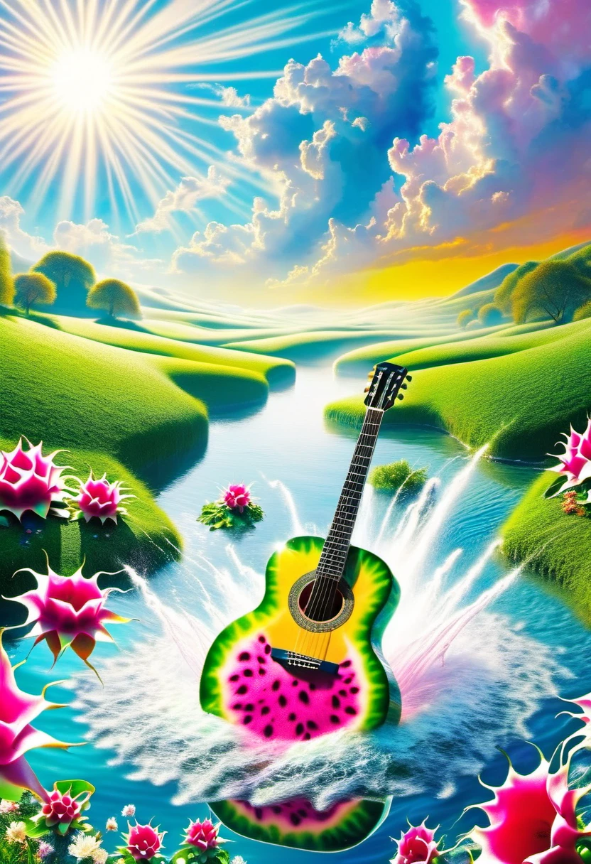 A guitar made of dragon fruit floats in the river, half leaking out, surrounded by a small amount of green grass and flowers. The sunlight shone on its face, creating a beautiful scene. It has a surreal style, bright colors, and high-definition photography. I can't believe how beautiful these photos are! High definition, high-resolution, wide-angle lens, panoramic, water splashing effect, floating instrument, natural scenery, brilliant sunshine. Surrealist style, ((Marc Chagall style)), Amazing naive art, primitivism, original gene,((best quality, masterpiece)), (higher detail), Impressionism:1.1, 8K