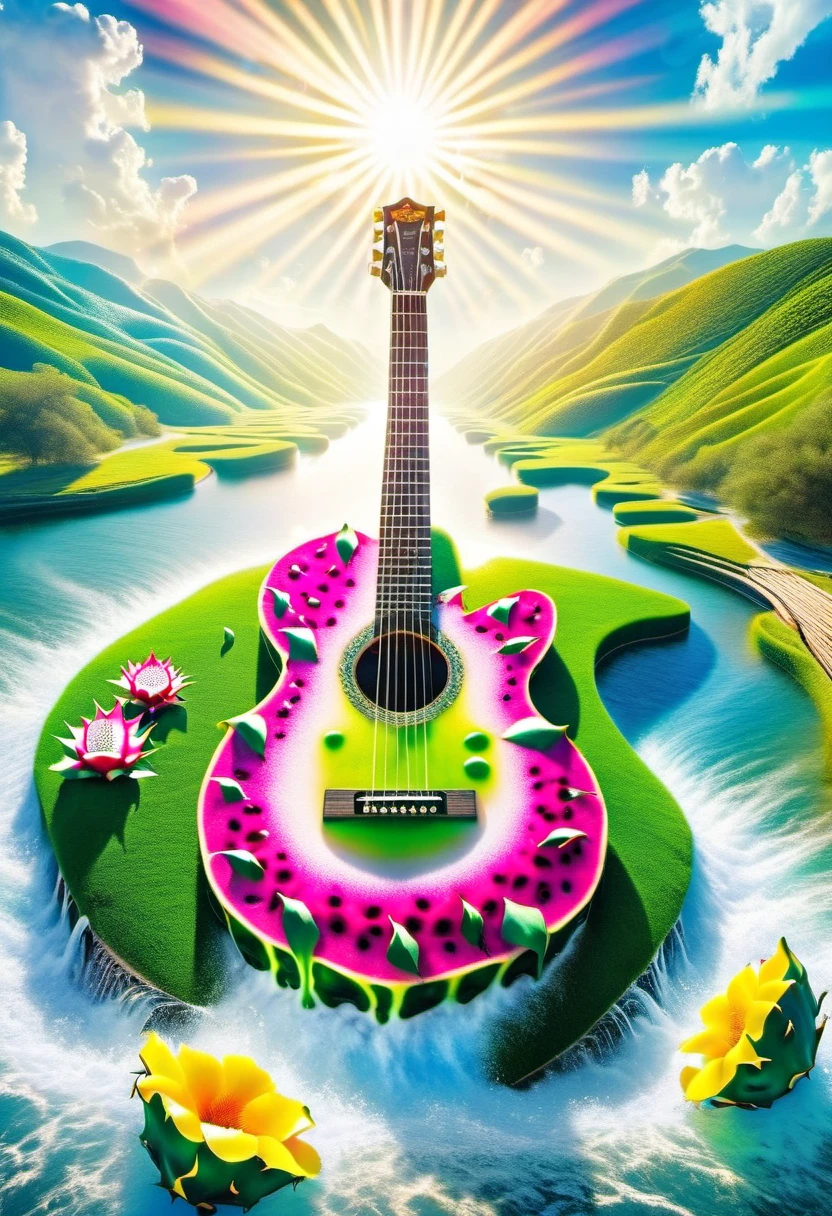 A guitar made of dragon fruit floats in the river, half leaking out, surrounded by a small amount of green grass and flowers. The sunlight shone on its face, creating a beautiful scene. It has a surreal style, bright colors, and high-definition photography. I can't believe how beautiful these photos are! High definition, high-resolution, wide-angle lens, panoramic, water splashing effect, floating instrument, natural scenery, brilliant sunshine. Surrealist style, ((Marc Chagall style)), Amazing naive art, primitivism, original gene,((best quality, masterpiece)), (higher detail), Impressionism:1.1, 8K