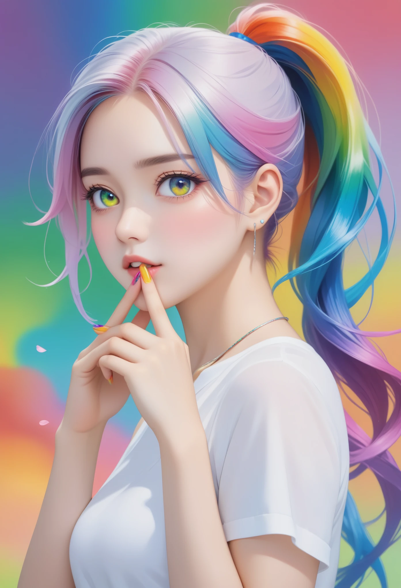 1 girl,glowing eyes,Keep your mouth shut,long hair, (colorful hair: 1.8),(Rainbow gradient high ponytail:1.7),hair ribbon, bracelet, ring, (hand to mouth:1.5),(nail design:1.5),pendant,stud earrings,T-shirt, Exquisite makeup,look at viewer,front,Upper body, acrylic paint, comics,Wind,(petal: 1.4),depth of field,green background,dynamic angle,(((masterpiece))),(((best quality))),((Super detailed)),(illustration),(Dynamic angle),((floating)),(draw),((disheveled hair)),(((Detailed anima face))),((Beautiful and delicate face)),collar,white hair, ((rich and colorful hair)),((striped hair)),Beautiful and delicate eyes,(slope color eyes),(((rich and colorful eyes))),(((rich and colorful background))),(((high saturation))),(((surrounded by rich and colorful splashes)))
