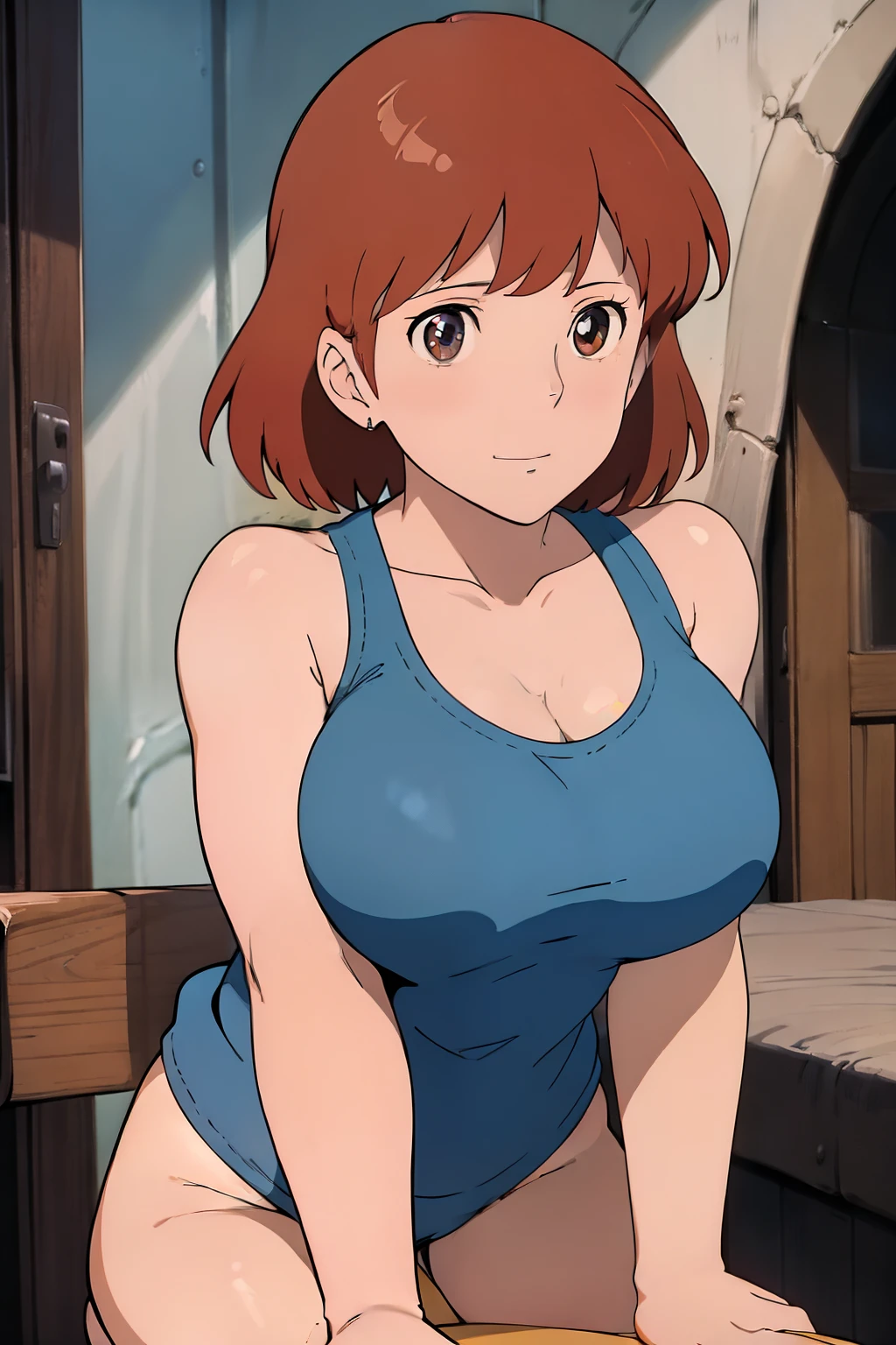 nsfw,(masterpiece, highest quality, High resolution, anime screenshot, anime color, 8K, realistic), Nausicaa, woman, mature woman, wife, alone, brown hair, (looking at the viewer), huge breasts, cleavage, (white tank top), Upper body, forest, (perfect detailed anatomy, beautiful and detailed face&eye:1.5, shiny skin, perfect body)、erect nipples、I want to see up to my kneecaps