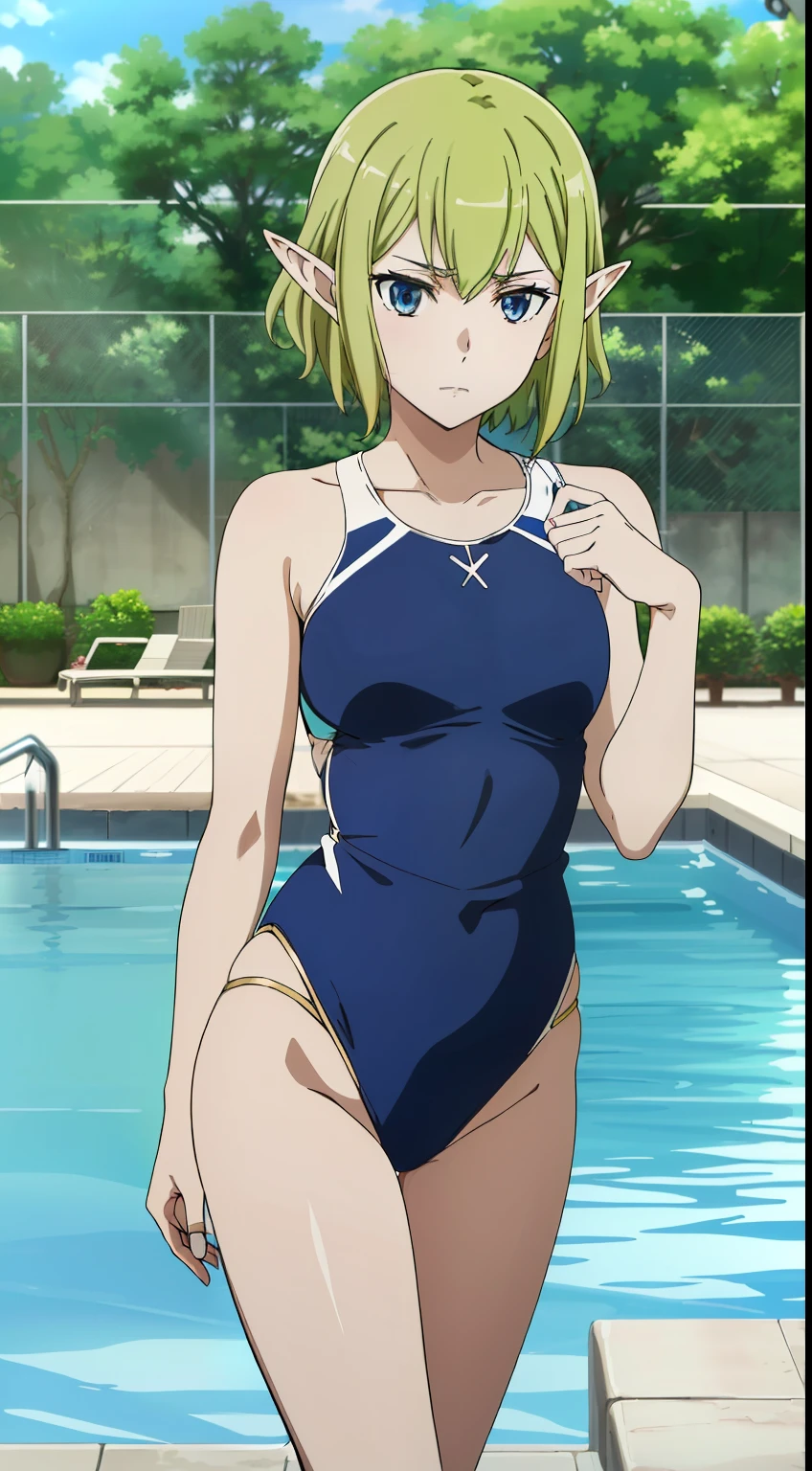 masterpiece,highest quality,anime,2D,
1 girl, alone, No expression,pointed ears, 緑 hair, goblin, blue eyes, short hair,緑 hair,swimsuit,pool,stylish pose,stylish angle,(lively_color:1.2),(beautiful_medium breasts:1.2), (beautiful_face:1.4),(beautiful_thighs:1.1),