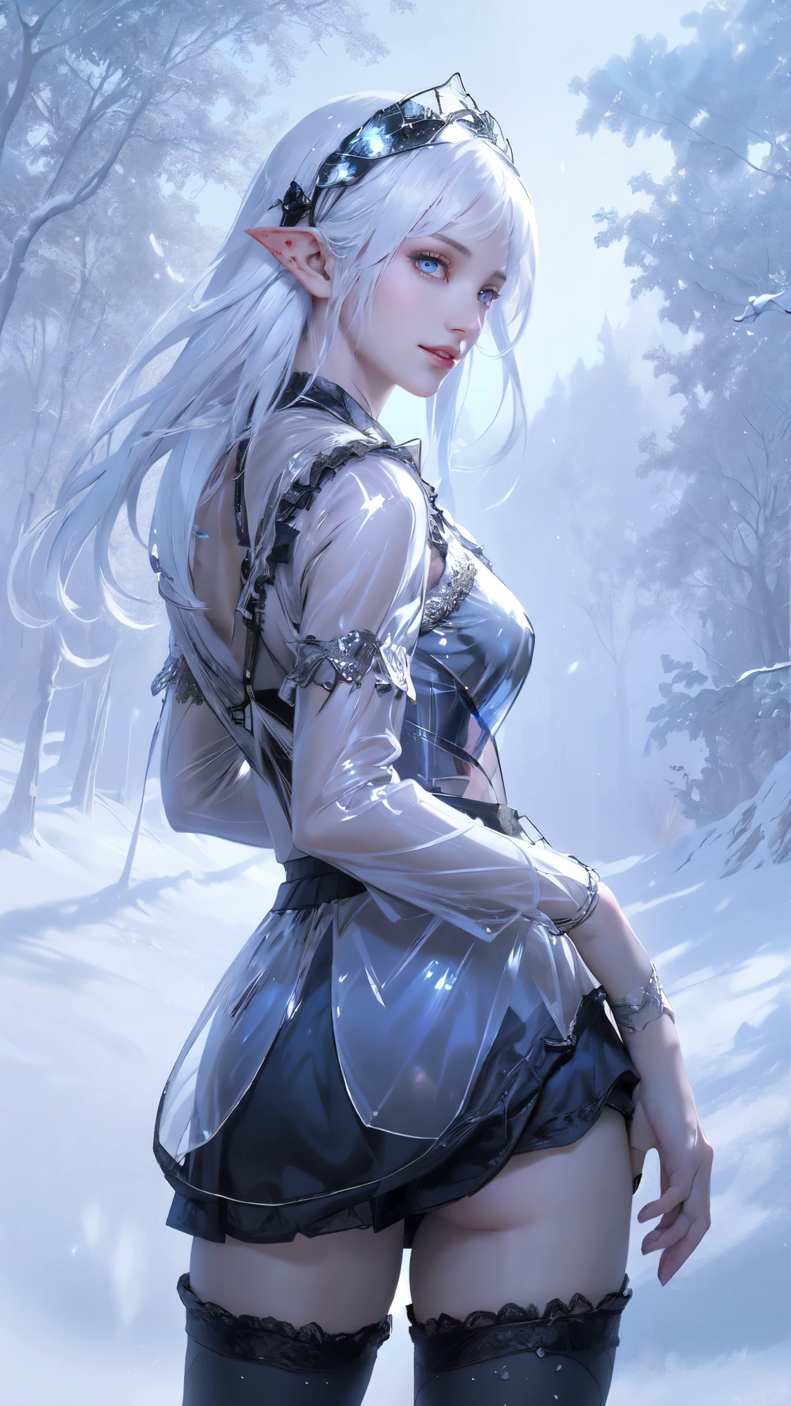 (Best Quality, A high resolution, Ultra - detailed, current), White, A world covered in silver, branches covered in snow, touch chill of winter, Snowflakes dance like elves, Turn the world into a silver fairy tale, chill, Quiet and beautiful snow scene., Cozy Quiet, (seaArt 2.1), (background frozen white trees snow falling:1.4) , (beautiful blue eyes big black stones:1.4) , (cowboy pose), (realistic) ,8K high quality detailed art, Fanart Best ArtStation, Fantasy art style, (black ta short pulled-up transparent miniskirt:1.4), (showing pussy),(hairy pussy), stocking bra, leggings white,