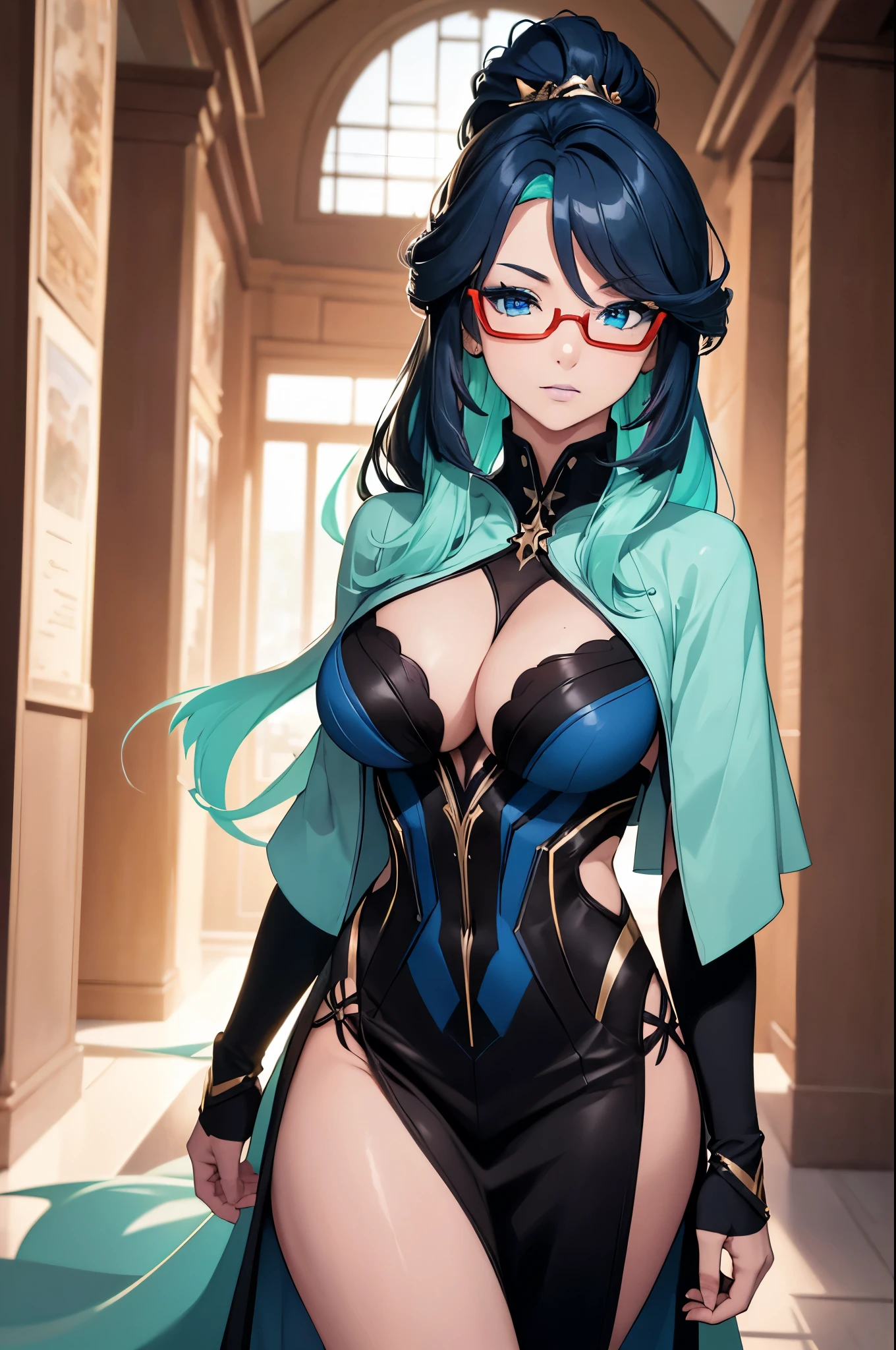 16K, RTX, HDR, extremely high details, intricate, professional makeup, cowboy shot, best quality, masterpiece, valley scenery, 1woman, solo, mature, smart, confident , elegant, clear blue glowing eyes, high ponytail, long hair, red glasses, smooth skin, light blue lips, cleavage, ((extremely slutty)).