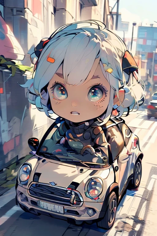 (masterpiece), best quality, cute, kawaii, 1 girl,small kid,solo,(flat shading),hair color is cosmic,eye color is cosmic, big eyes,(she is driving a mini car),highway, crowdy city,surprized face,high speed,