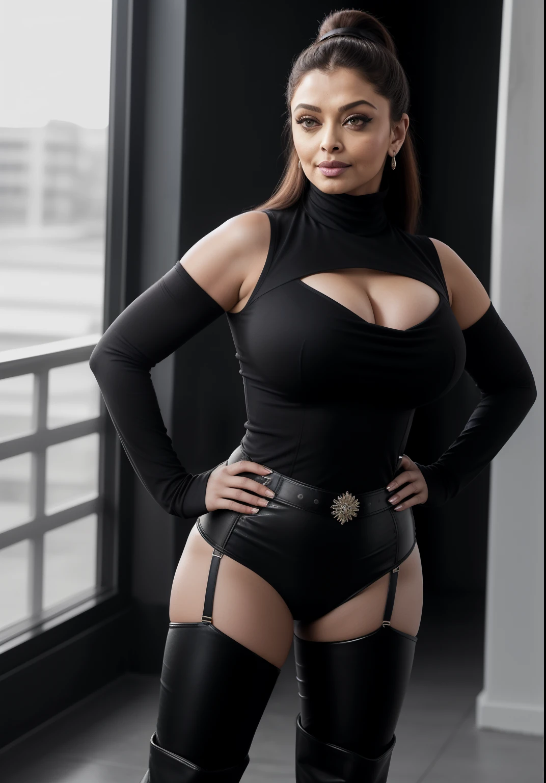 50 yo MILF Aishwarya Rai Bachchan, hot pants with cowl neck mini top, ((thigh high boots)), ((high ponytail hair)), bright sunny day scene, mature athletic curvy milf body, seductive pose in shopping mall, mature hourglass milf figure, perfect breasts with huge cleavage, looking straight at camera, soft volumetric lights, intricate details, (ArtStation:1.2)