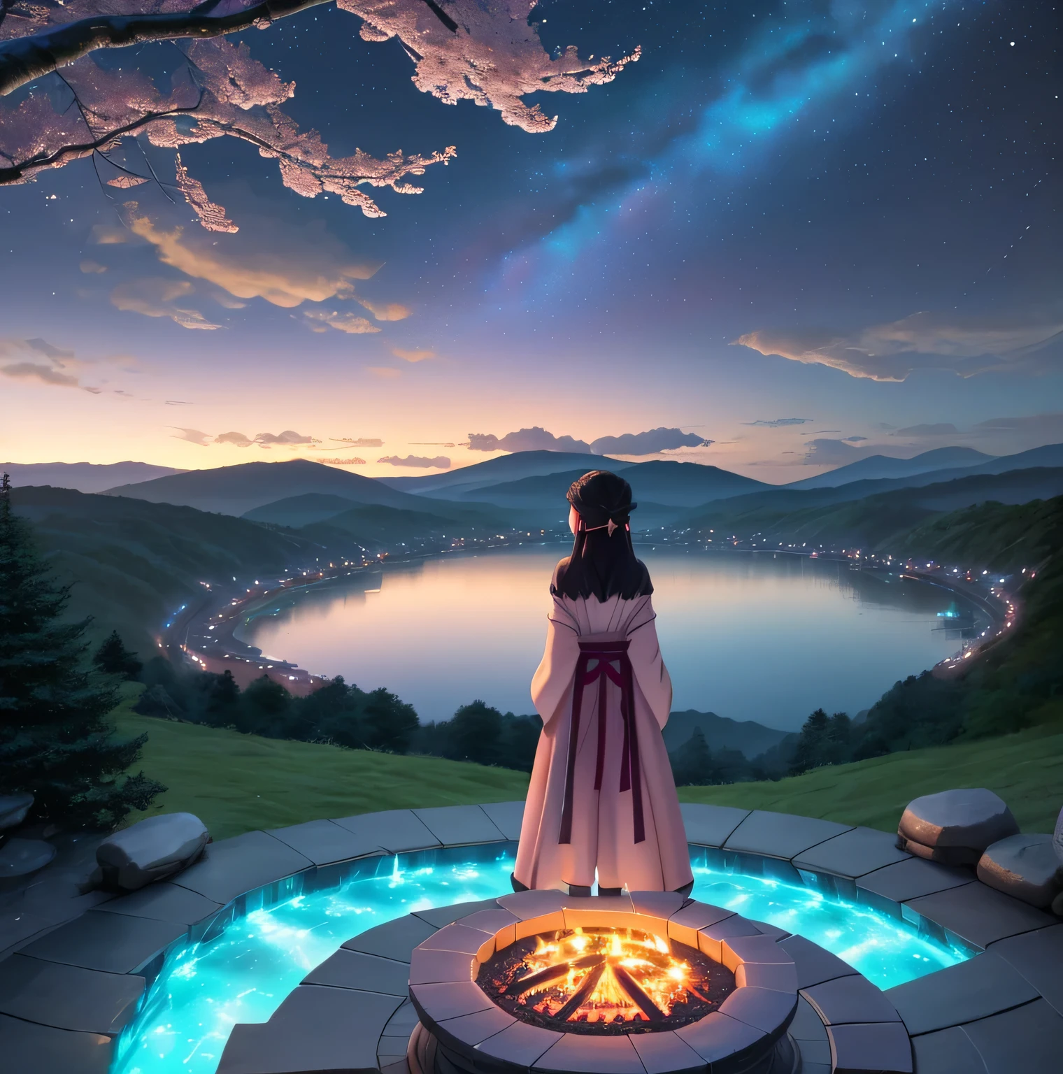 1 person、Fighting girl staring at the stars(zoomed out:1.1)、(star swarm:1.2)、(trees :1.urname、moon、from the rear、fireplace 、city in distance 、cherry trees、Highest quality standing in the field、masterwork、clouds、colourfull、starrysky、stele