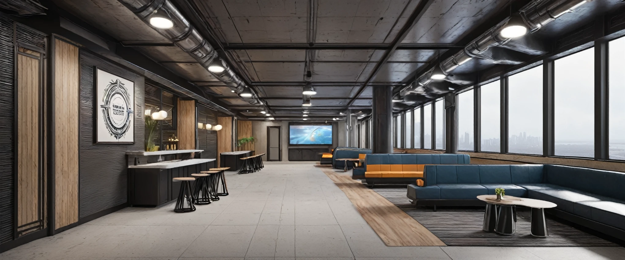 industrial style,spaceship elements,Staff lounge,renderings,